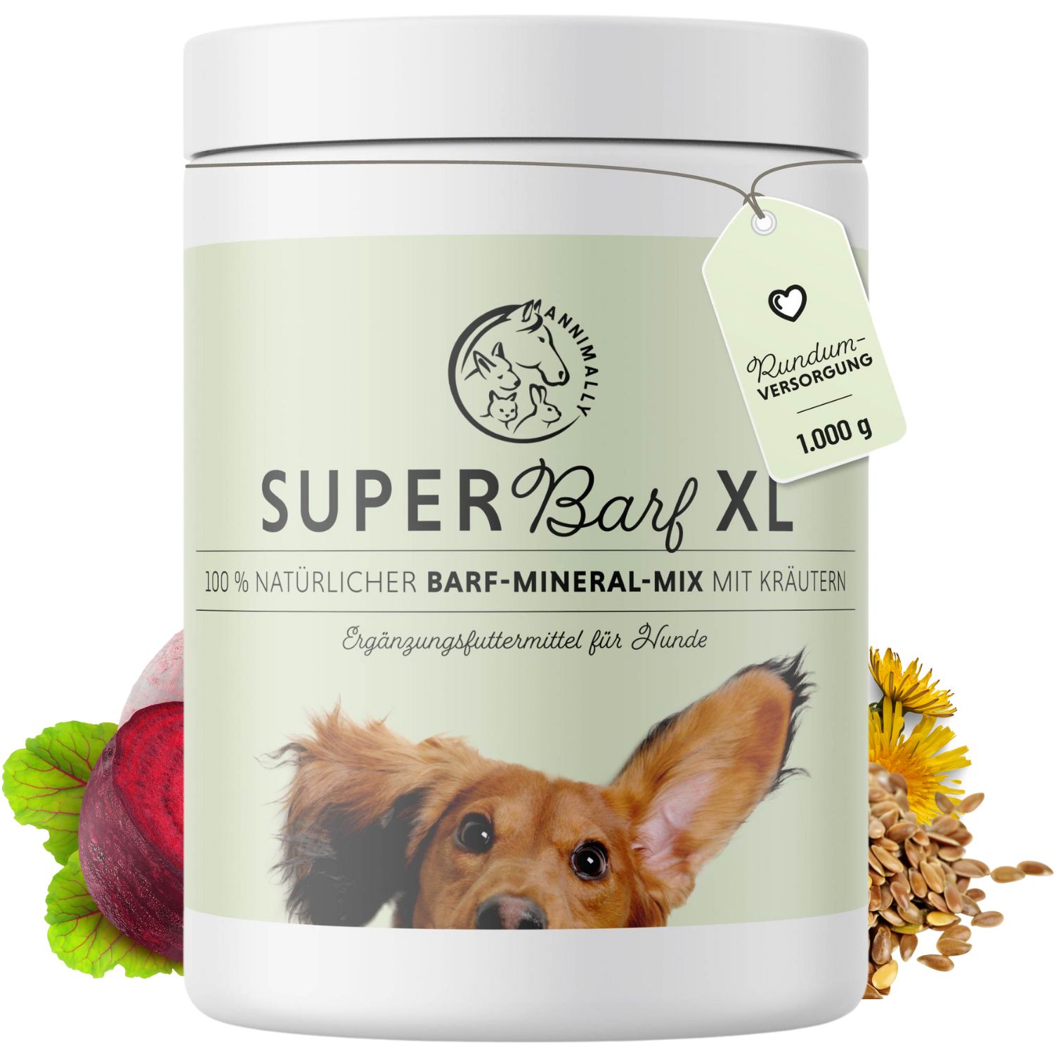 Produktverpackung SUPER Barf XL, 1.000g. Logo. Text: 100% NATÜRLICH. Zutaten wie Rote Bete, Löwenzahn, Leinsaat.