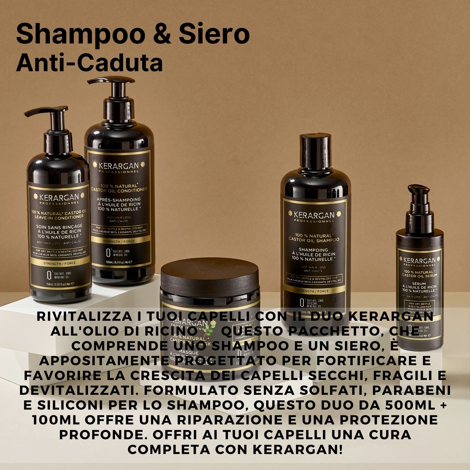 Due flaconi di shampoo e siero Kerargan. Flaconi neri con etichette marroni. Testo: 100% Natural Castor Oil.