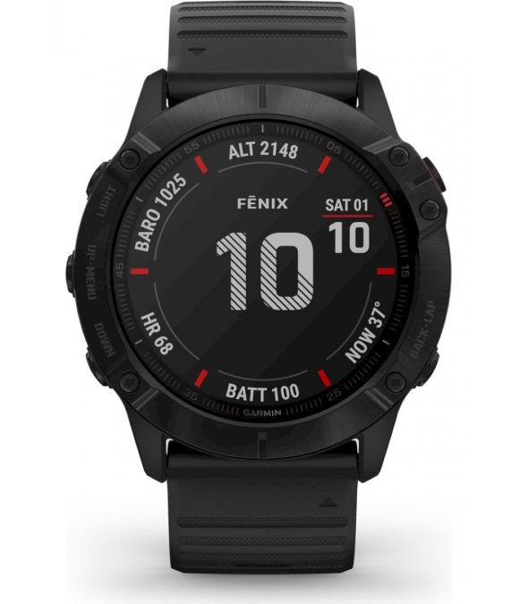 Schwarze Garmin Smartwatch. Rundes Zifferblatt mit digitaler Anzeige. Schwarzes Armband. Text: FENIX, Garmin, ALT, BARO, HR, BATT.