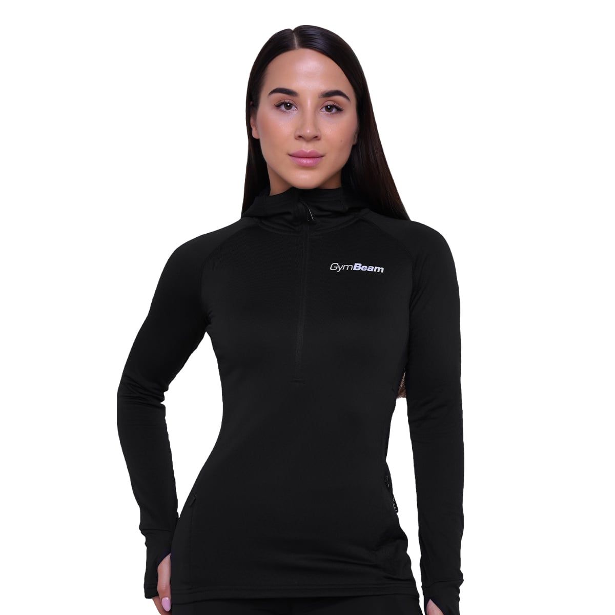 GymBeam Sweatshirt Damen slim mit halbem Reißverschluss und Kapuze in Schwarz 1 St