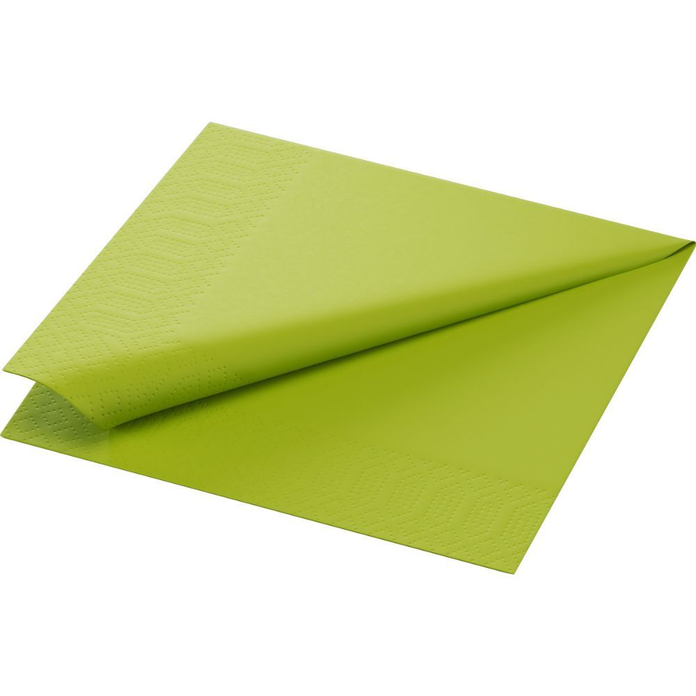 Kiwi-farbene Papierserviette, gefaltet. Strukturierte Oberfläche mit dekorativem Muster. 3-lagig.