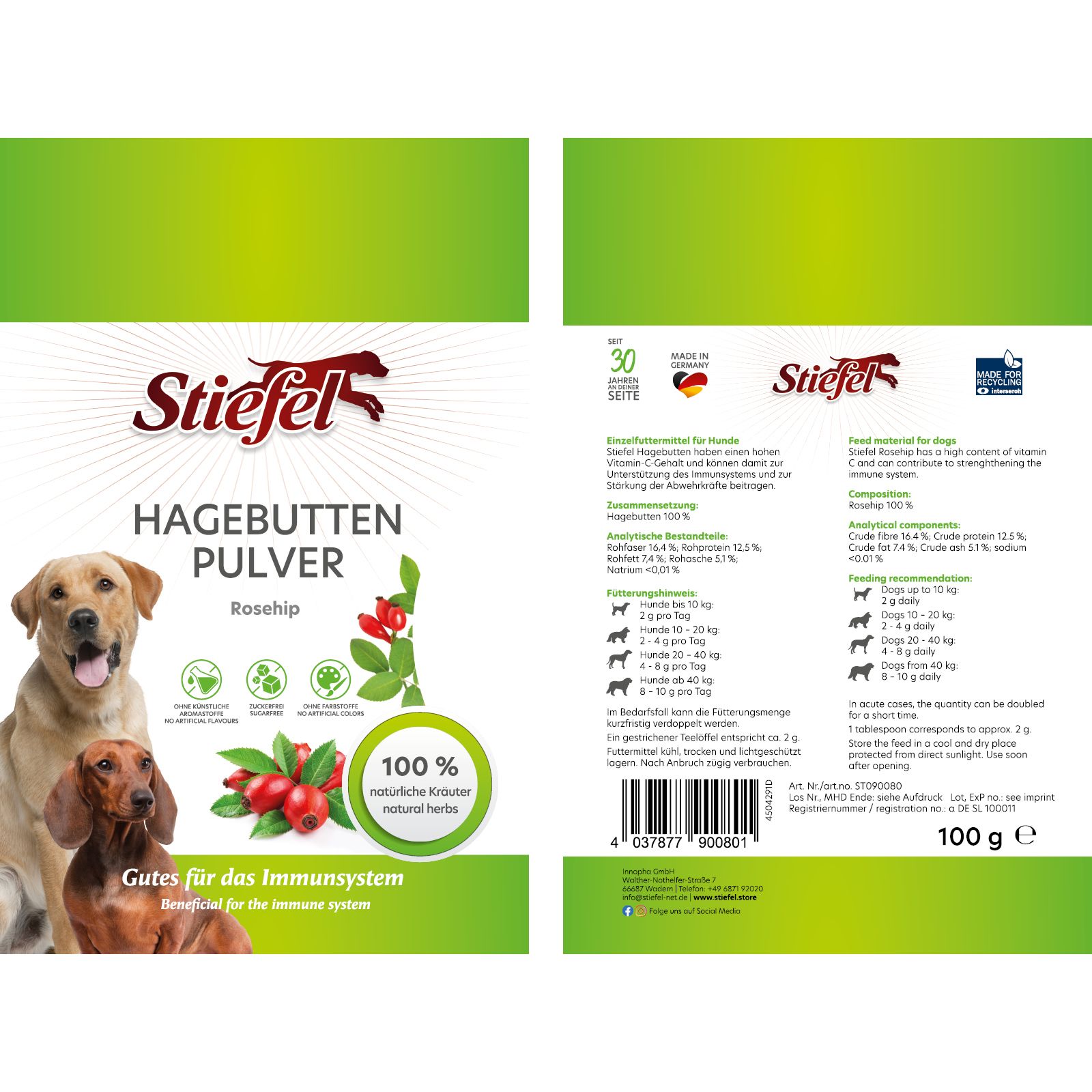 Verpackung mit Stiefel Hagebuttenpulver. Hundeabbildungen, Hagebutten-Illustrationen, Text: 100% natürliche Kräuter, 100 g.