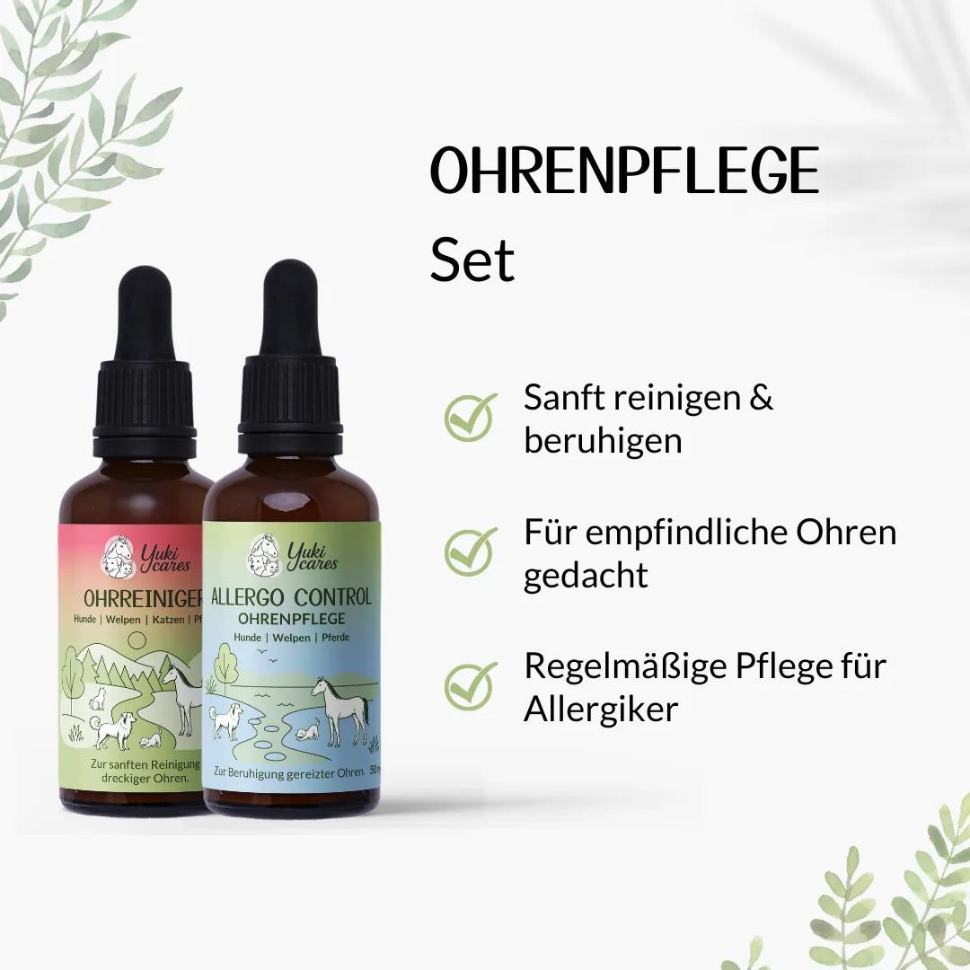 Zwei braune Flaschen mit Tropfern. Etiketten: Ohrreiniger und Allergo Control. Text: Ohrenpflege Set. Grüne Check-Symbole.