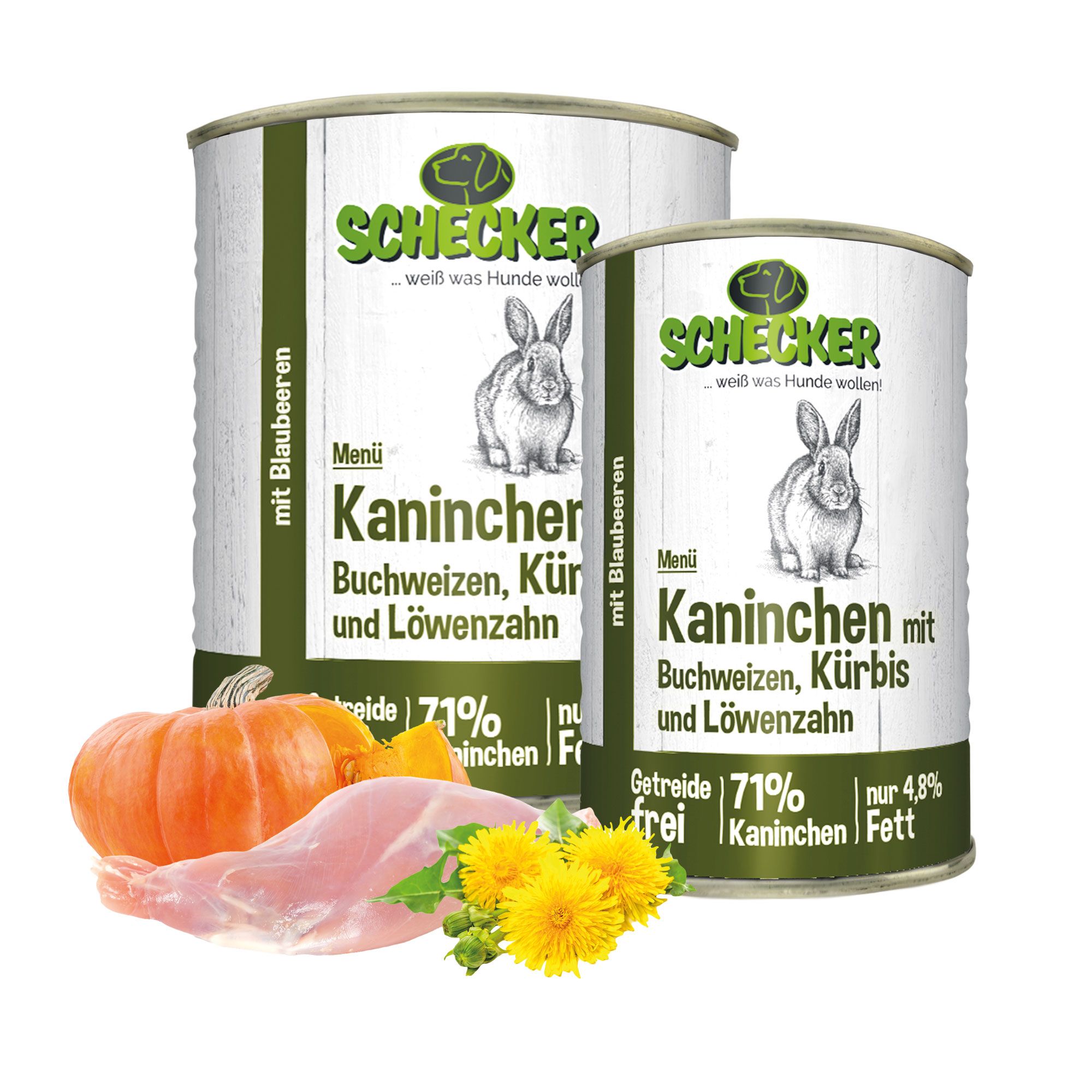 Schecker Nassfutter - Hundemenü mit (71%) Kaninchen - Buchweizen - Kürbis - fettarm
