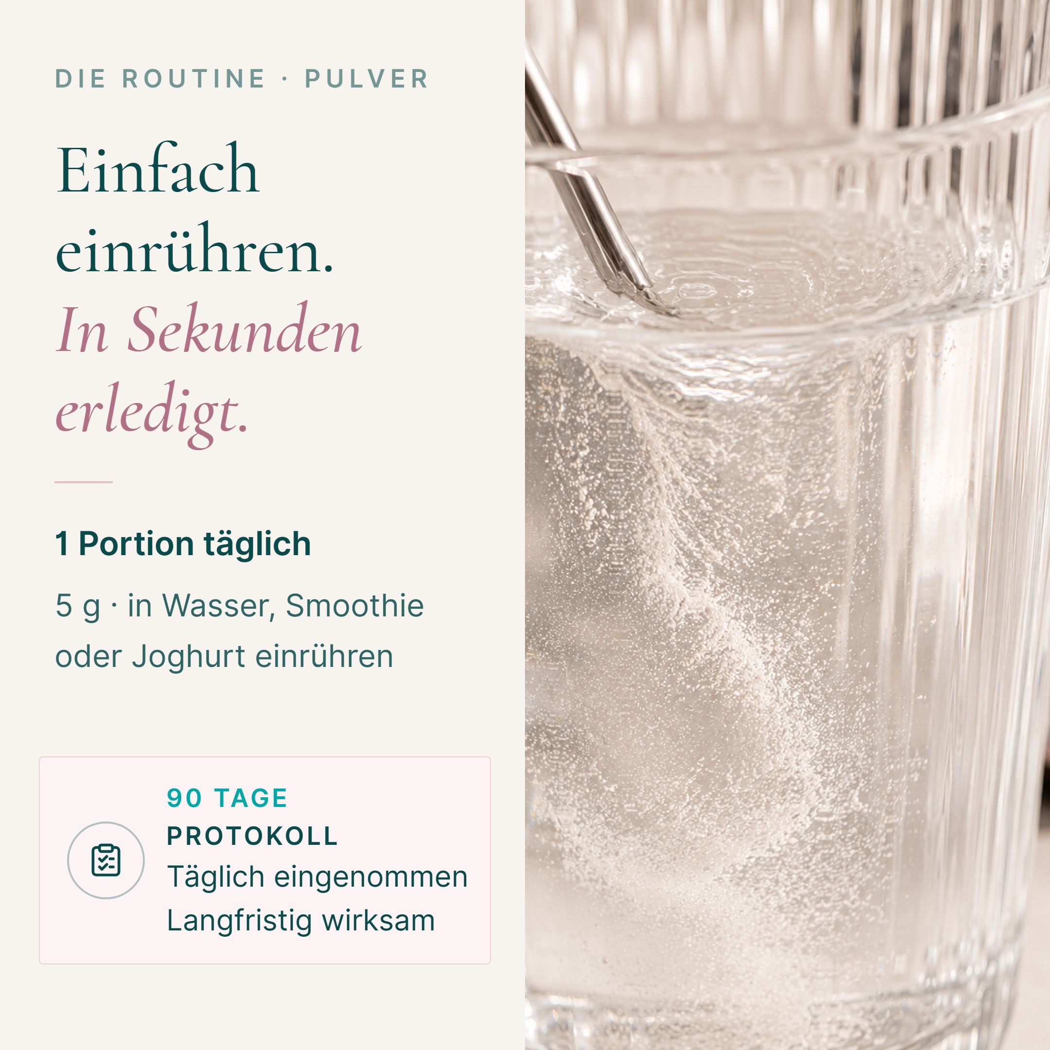 Kollagen Pulver wird in ein Glas Wasser eingerührt.