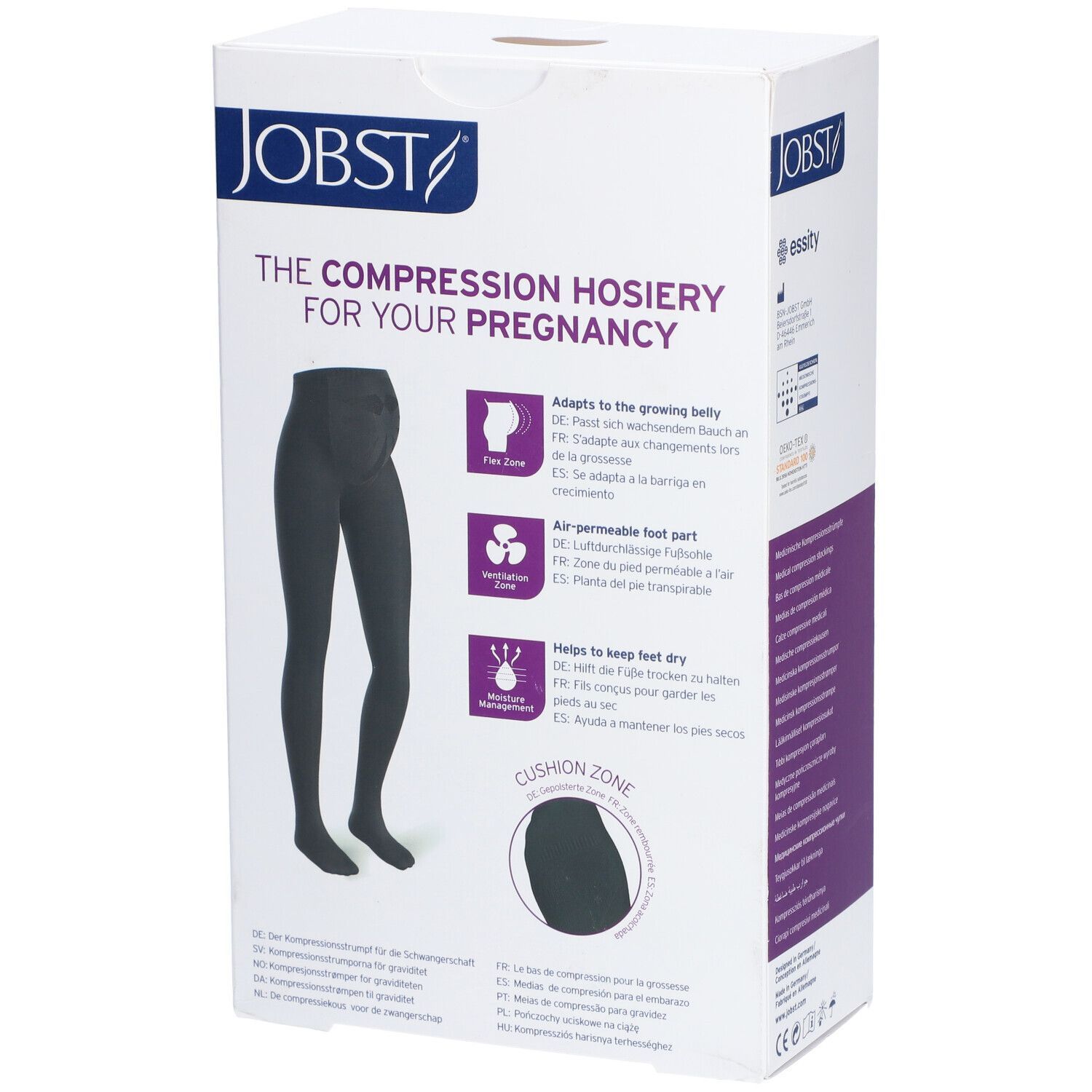 JOBST Maternity Opaque Kompressions-Strumpfhose in Verpackung. Schwarze Strumpfhose abgebildet. Flex Zone, Ventilation Zone und Moisture Management.