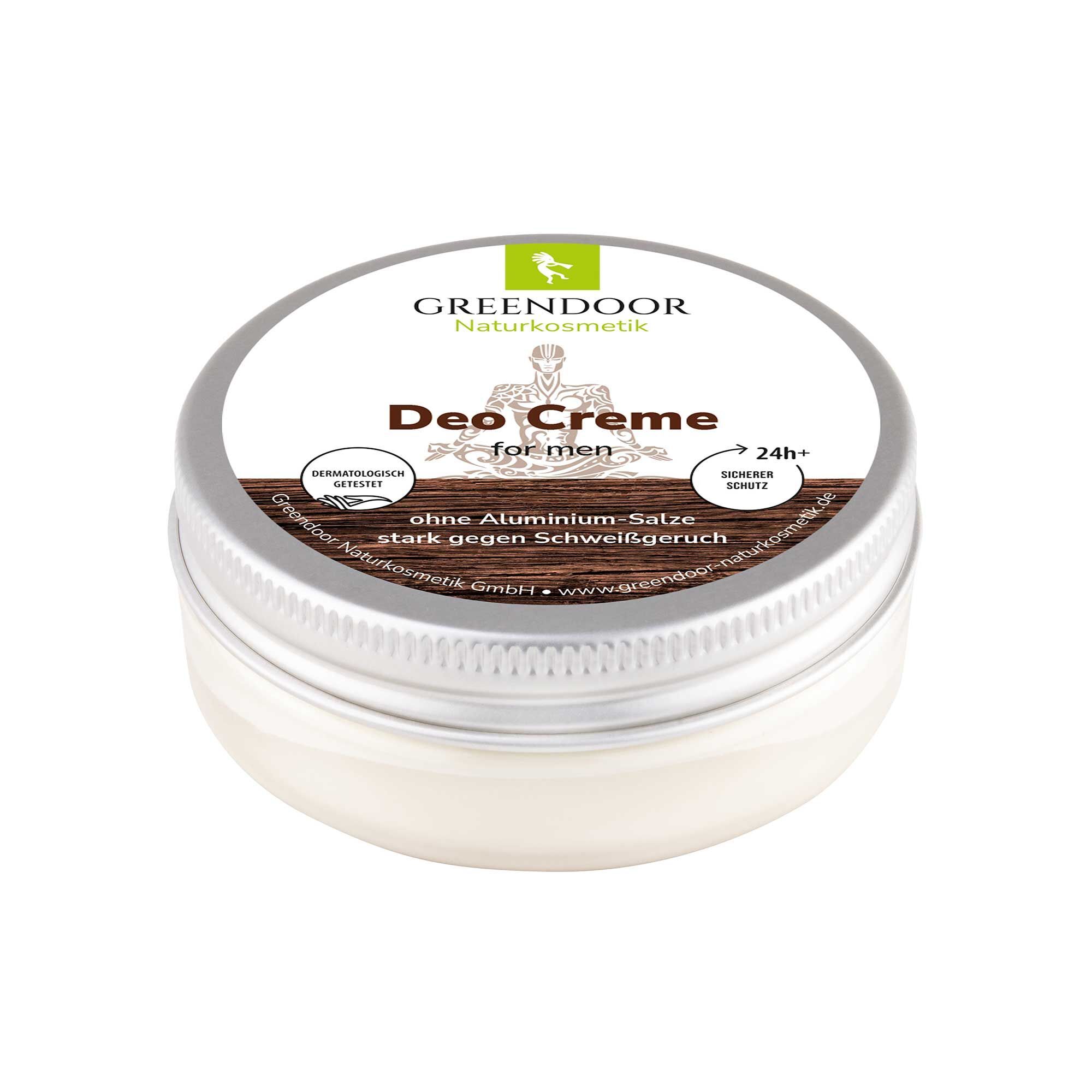 GREENDOOR Deo Creme for men in einer silbernen Dose. Ohne Aluminium-Salze, stark gegen Schweißgeruch.