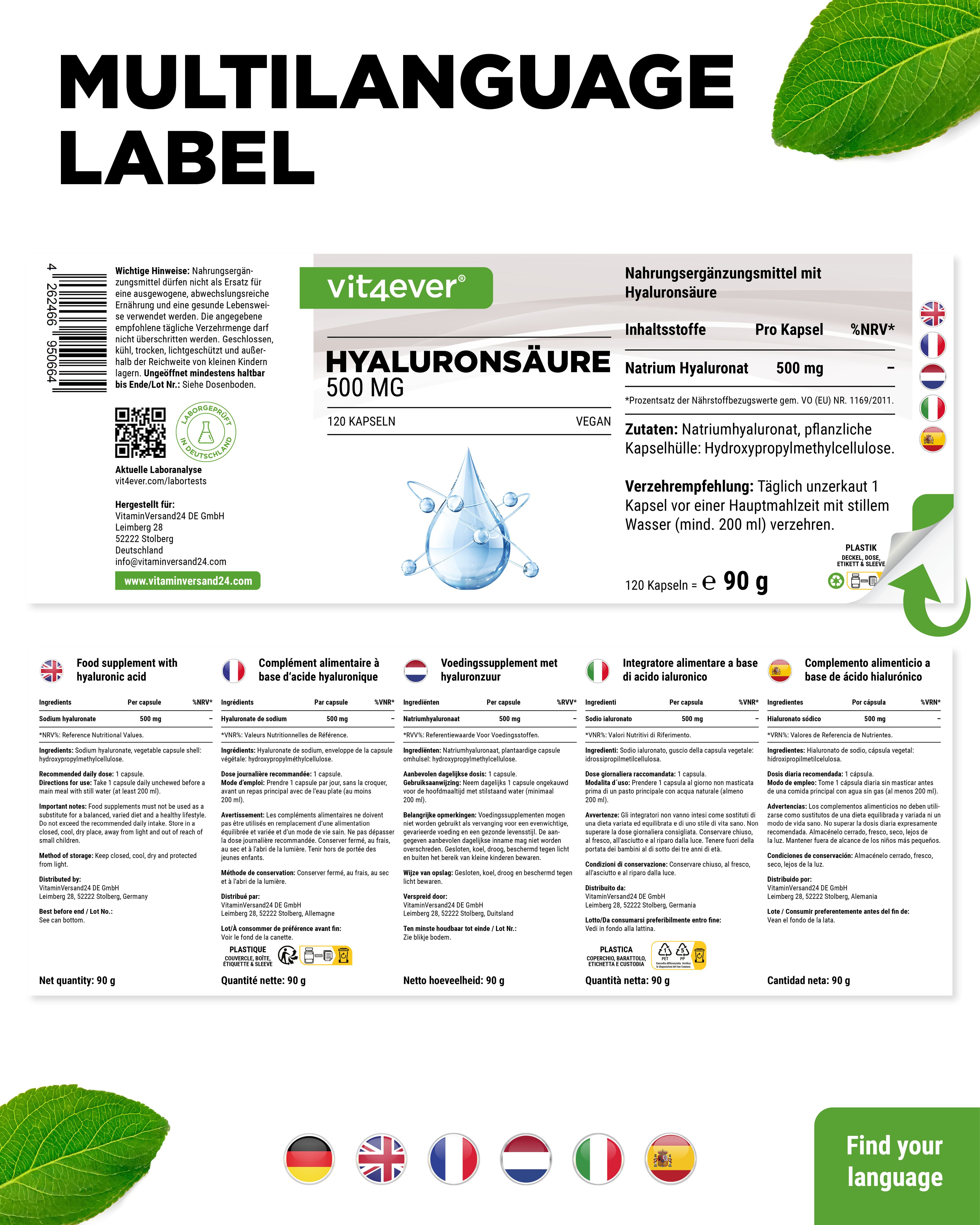 Produktetikett mit mehrsprachigen Informationen. Enthält Informationen zu Inhaltsstoffen und Dosierung. Mehrere Sprachflaggen.