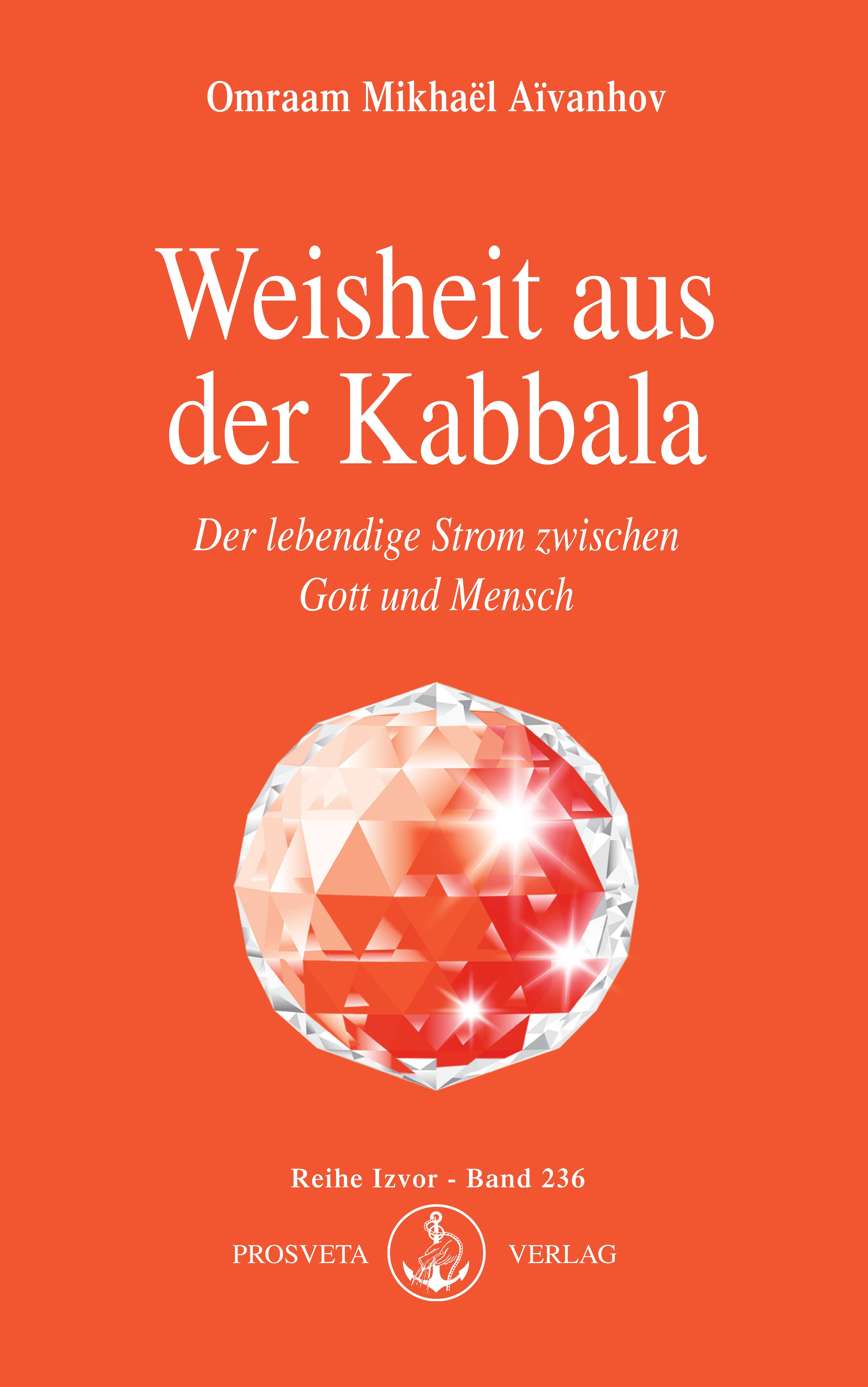 Buchcover mit Titel "Weisheit aus der Kabbala". Roter Hintergrund, weißer Titel, Kristall-Illustration.