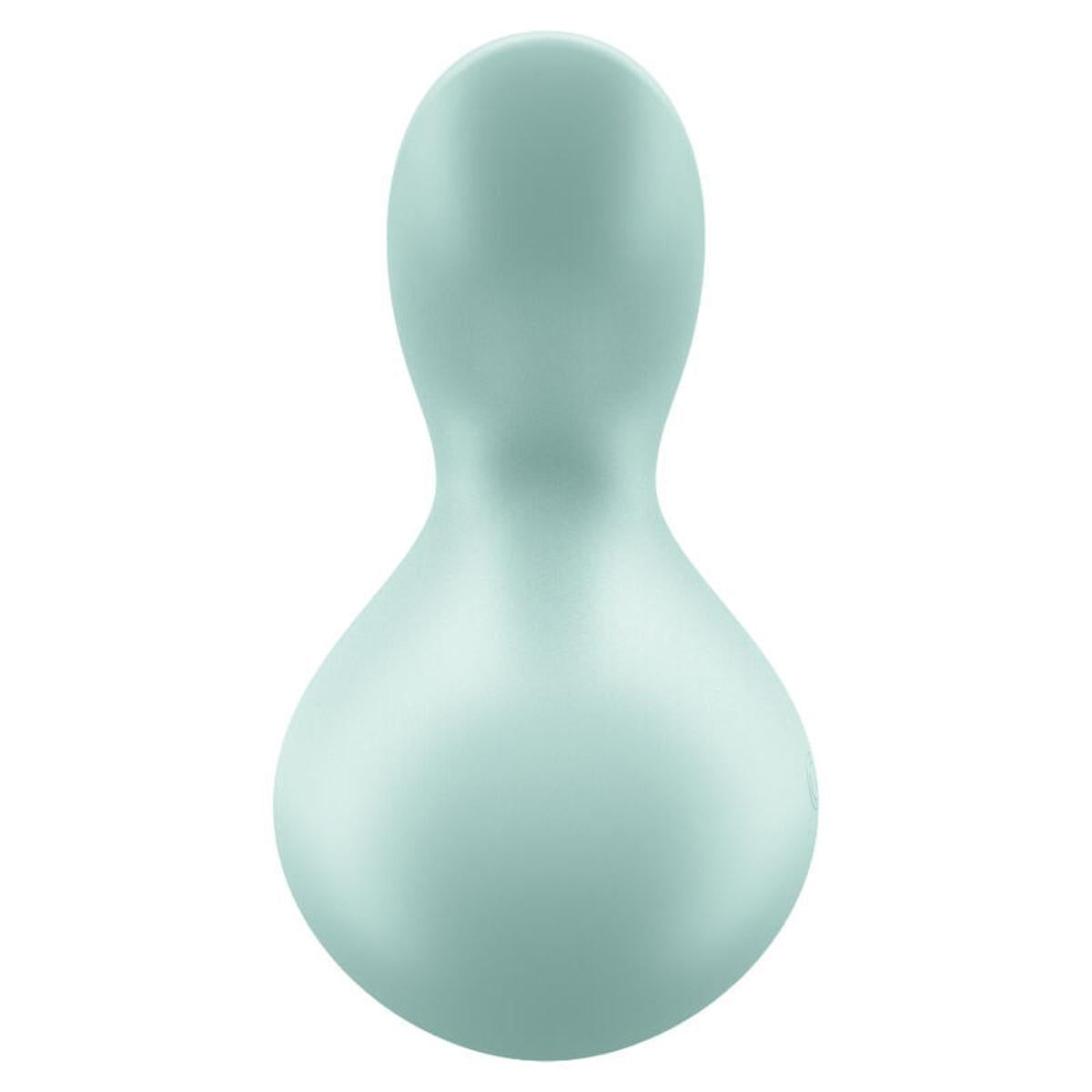 Hellgrüner Auflegevibrator, längliche Form. Abgerundete Enden. Glatte Oberfläche.