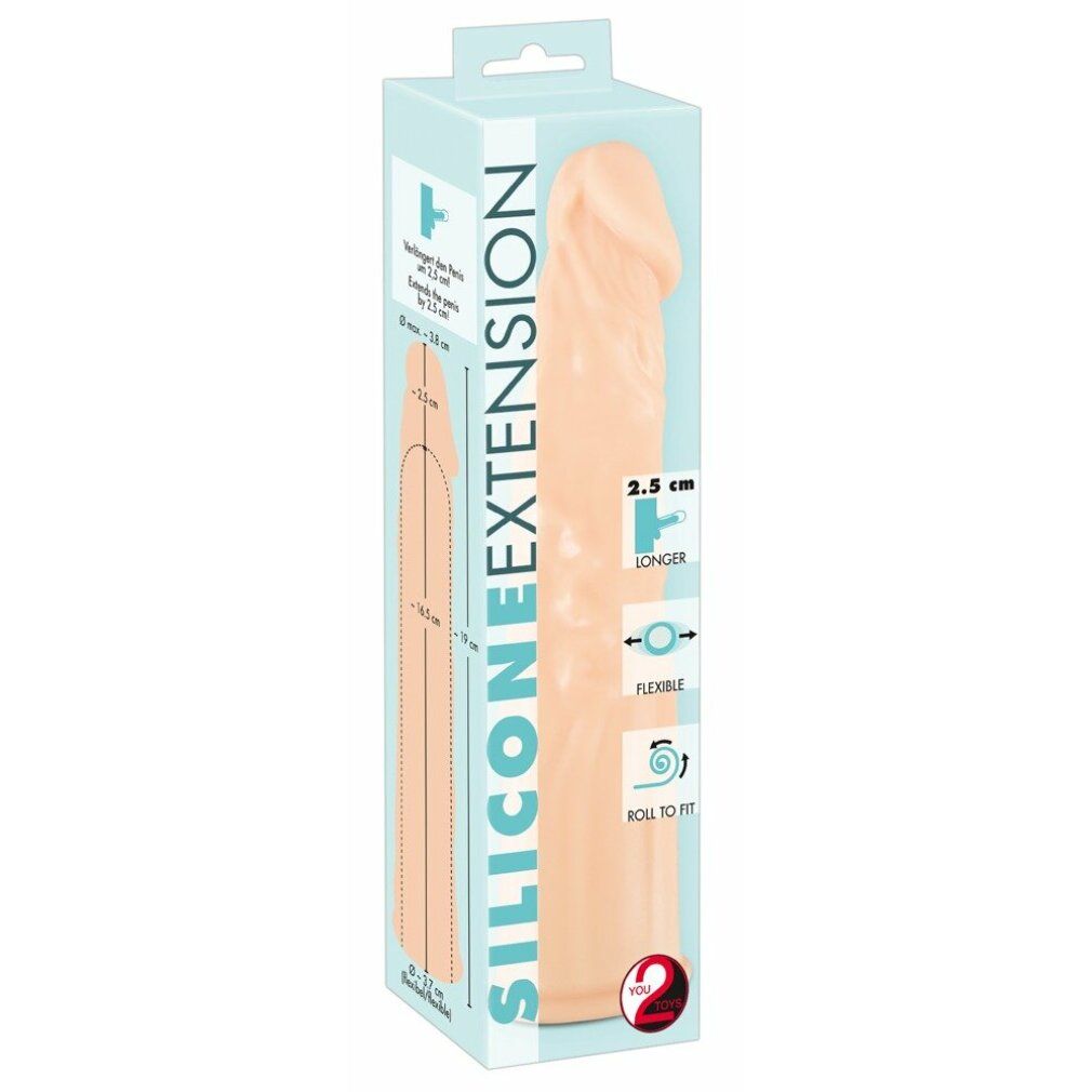 Produktverpackung. Transparente Box mit einer beige Silikon-Penishülle. Text: SILICONE EXTENSION.