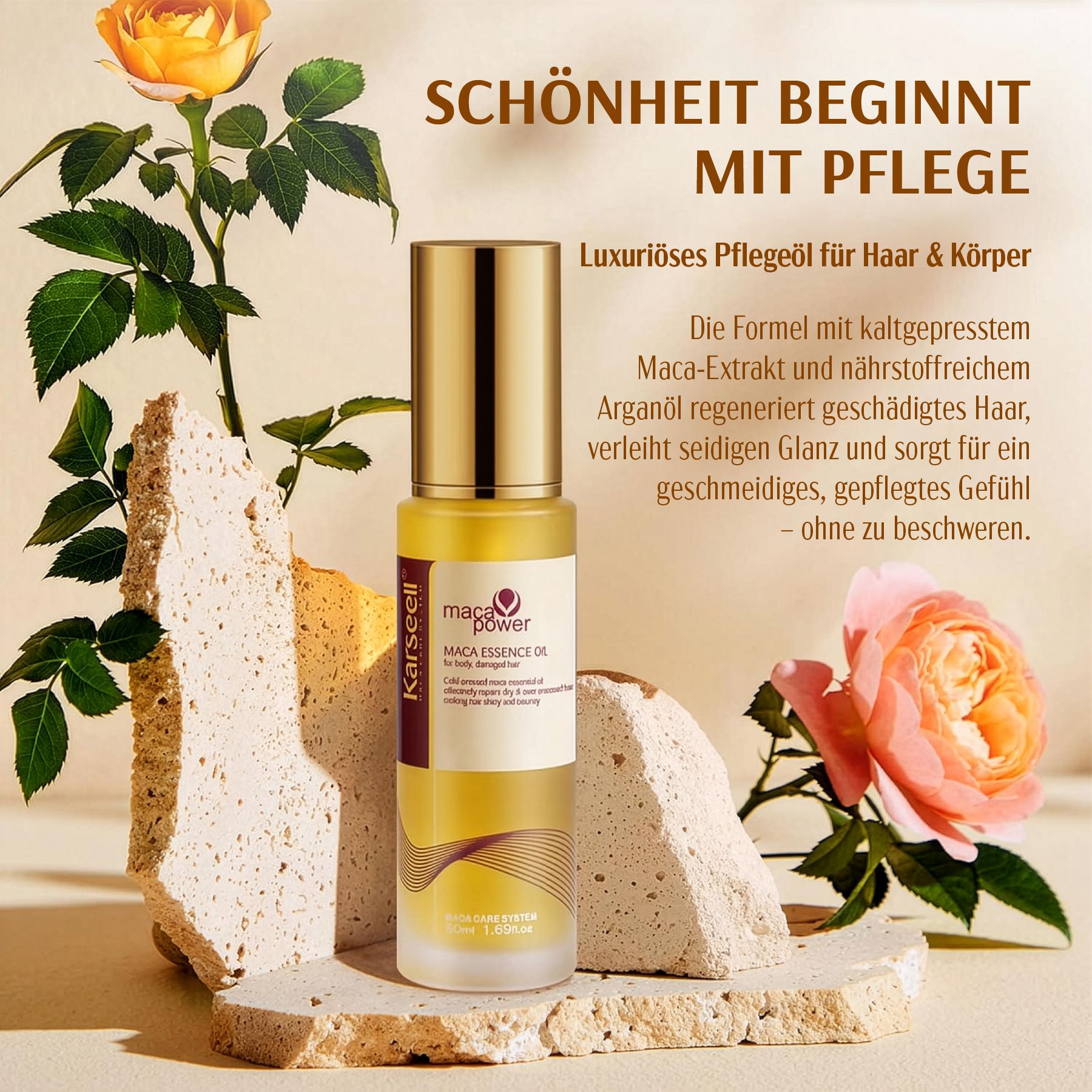 Karseell Maca Essenz Öl auf Steinen, umgeben von Rosen. Goldene Ölflasche mit braunem Deckel. Gelbe Flüssigkeit sichtbar.