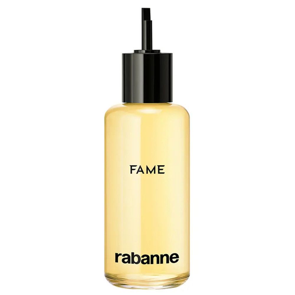 Goldfarbener Flakon mit schwarzem Verschluss. Aufschrift "FAME" und "rabanne".