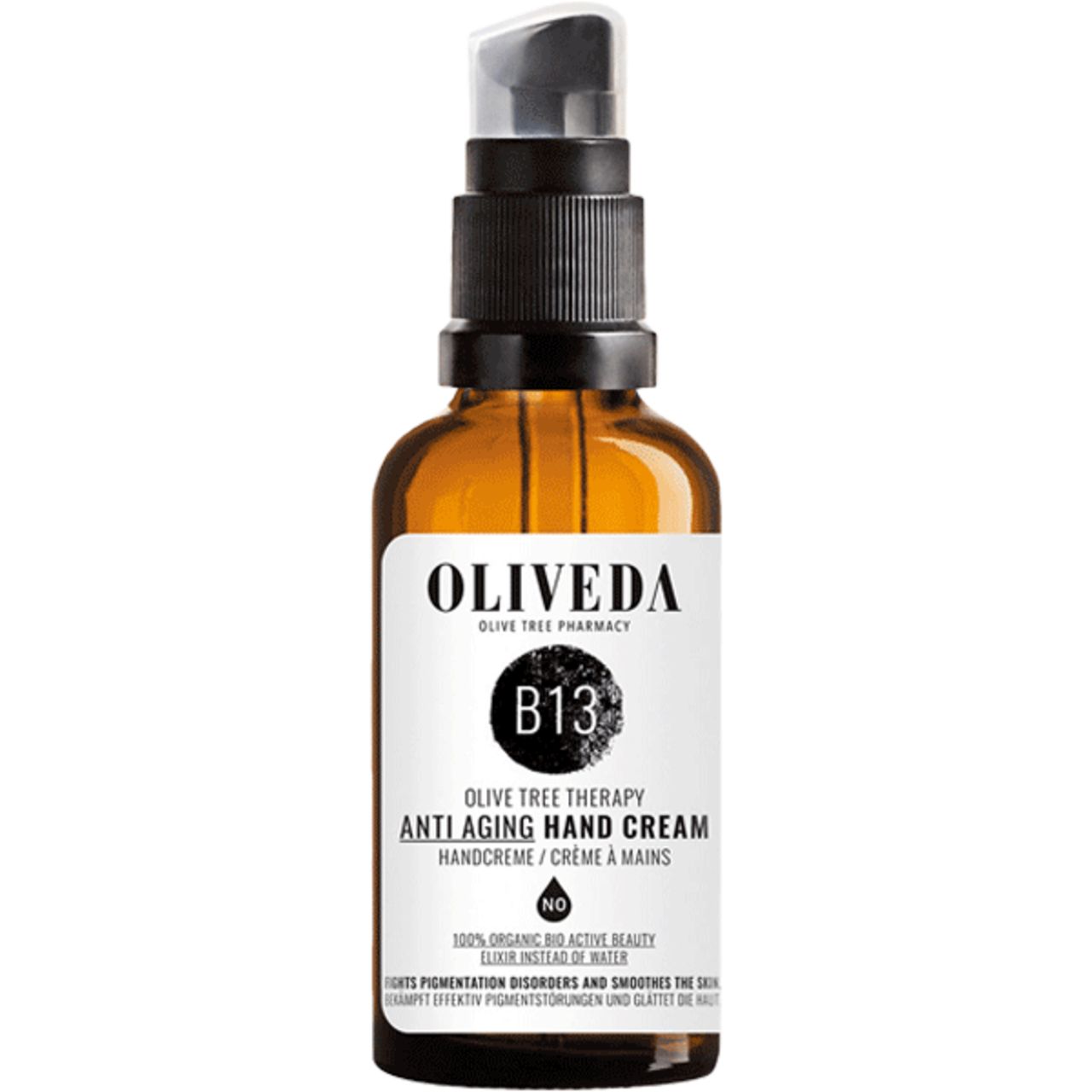 Braune Glasflasche mit schwarzem Pumpkopf. Aufkleber mit Oliveda-Logo und Text: Anti Aging Hand Cream. B13.
