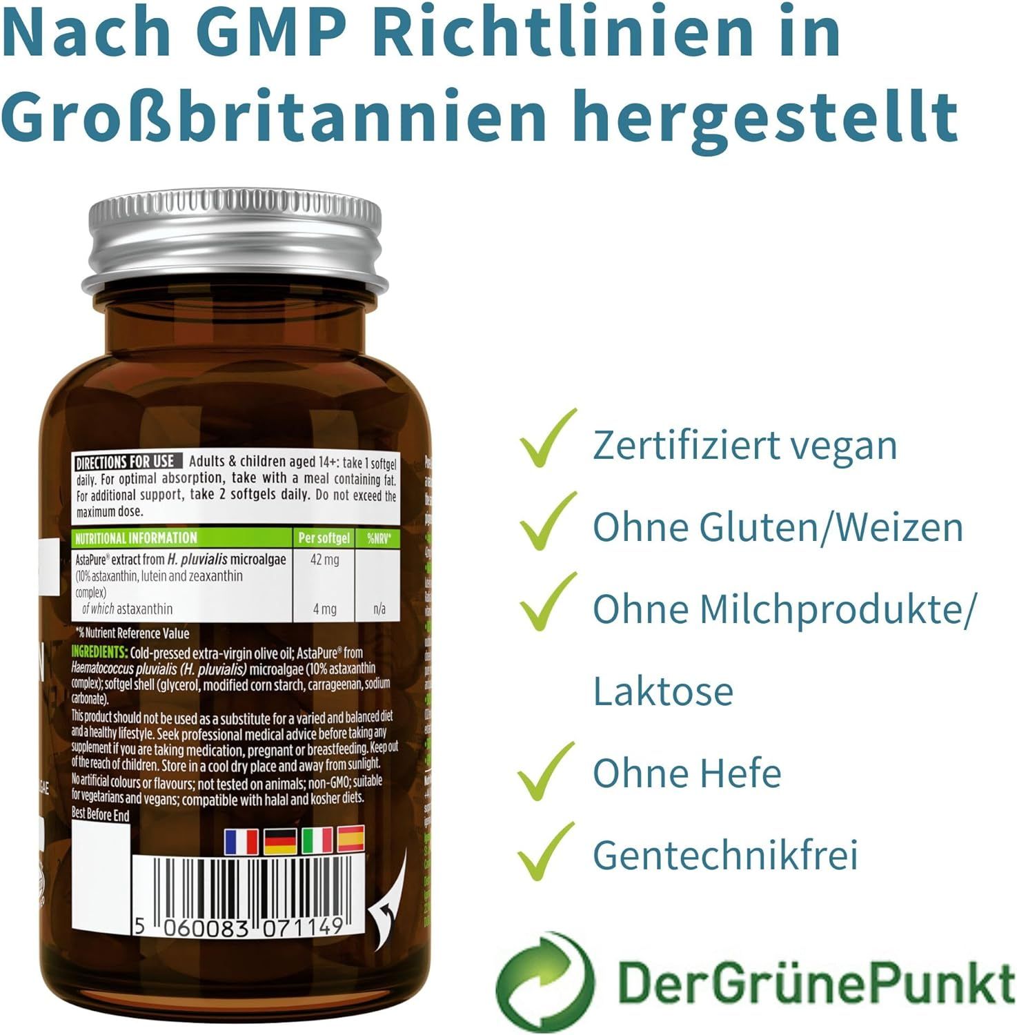 Flacone di Astaxanthin Complex con testo: Prodotto secondo le linee guida GMP. Certificato vegano, senza glutine/grano, latticini, lievito.