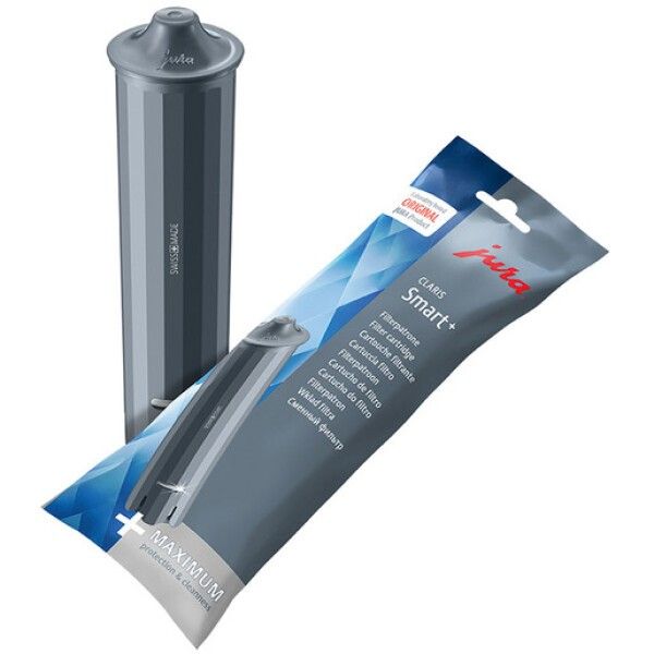 Jura Filterpatrone Smart+ und Verpackung. Grau. "Swiss Made" und "Original" Schriftzug.