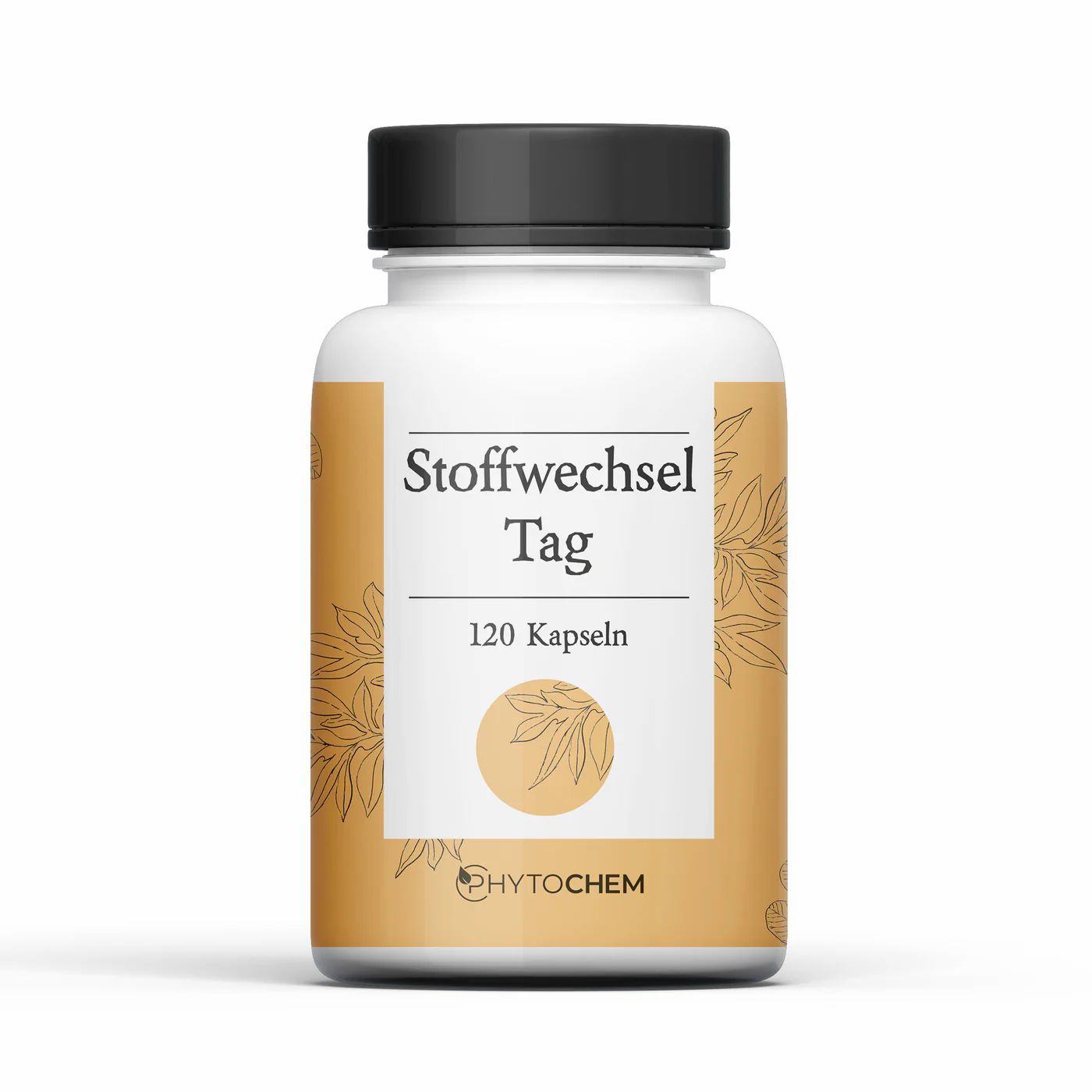 Weiße Flasche mit schwarzem Deckel. Aufkleber mit Aufschrift "Stoffwechsel Tag", "120 Kapseln" und Logo. Pflanzliche Illustrationen.