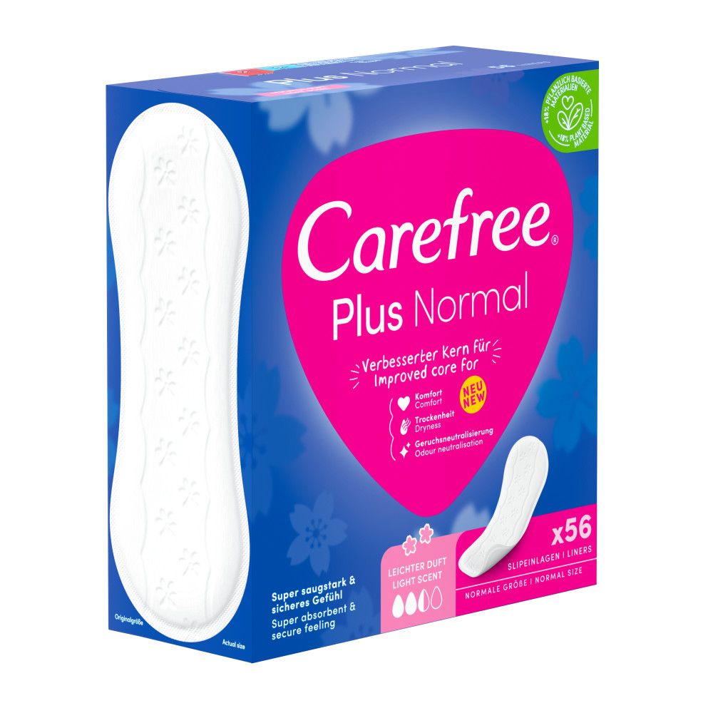 Carefree Plus Normal Packung. Rosa Logo, blaue Verpackung. 56 Slipeinlagen. Leichter Duft. Produktansicht.