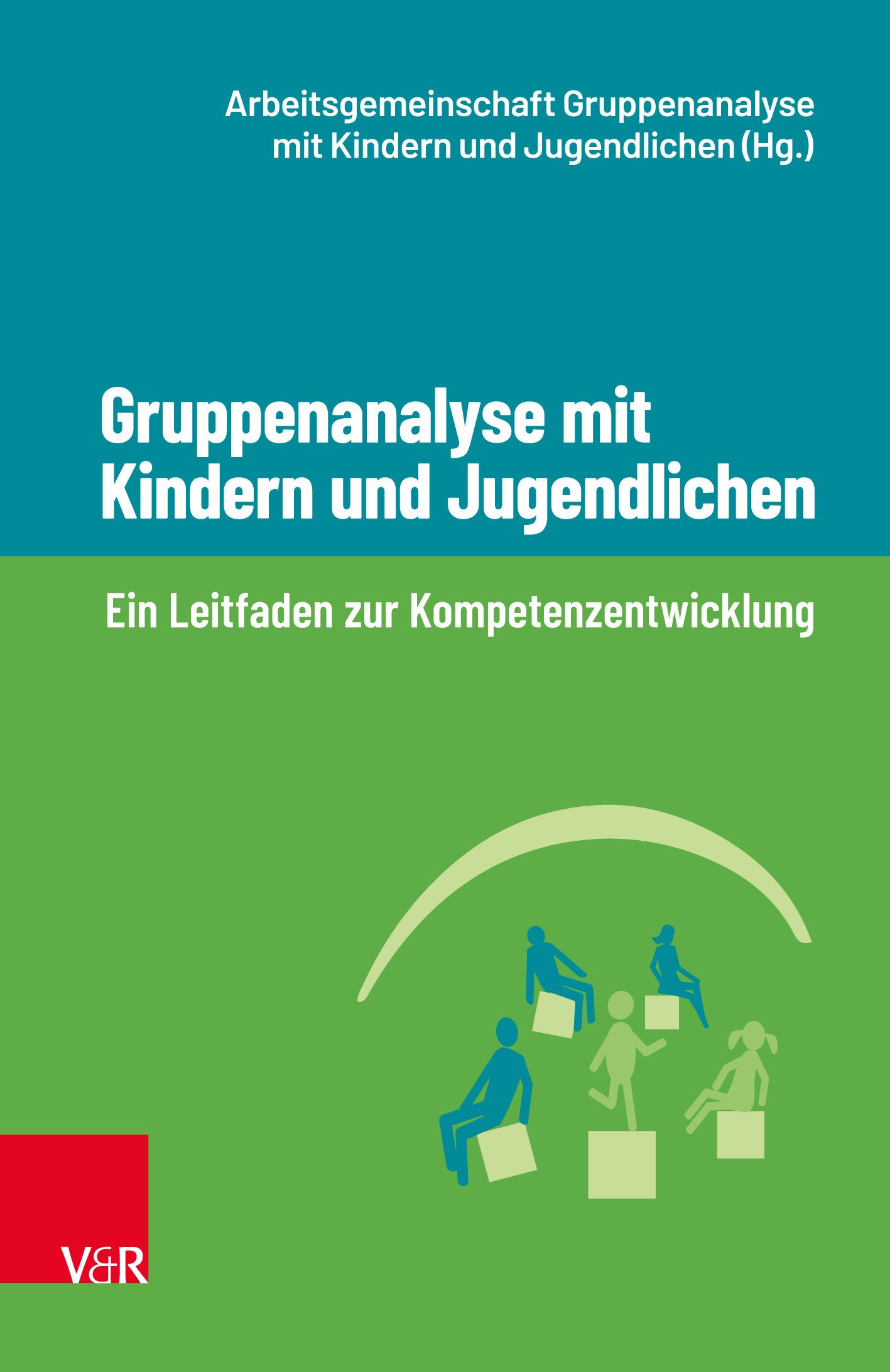 Buchcover: Gruppenanalyse mit Kindern und Jugendlichen. Titel in Weiß auf grünem Hintergrund. Illustration von Personen.
