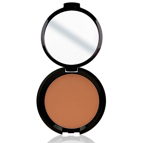 Runder Bronzer-Puder in schwarzer Kompaktverpackung mit Spiegel. Geöffnete Dose mit braunem Puder. Deckel mit Spiegel.