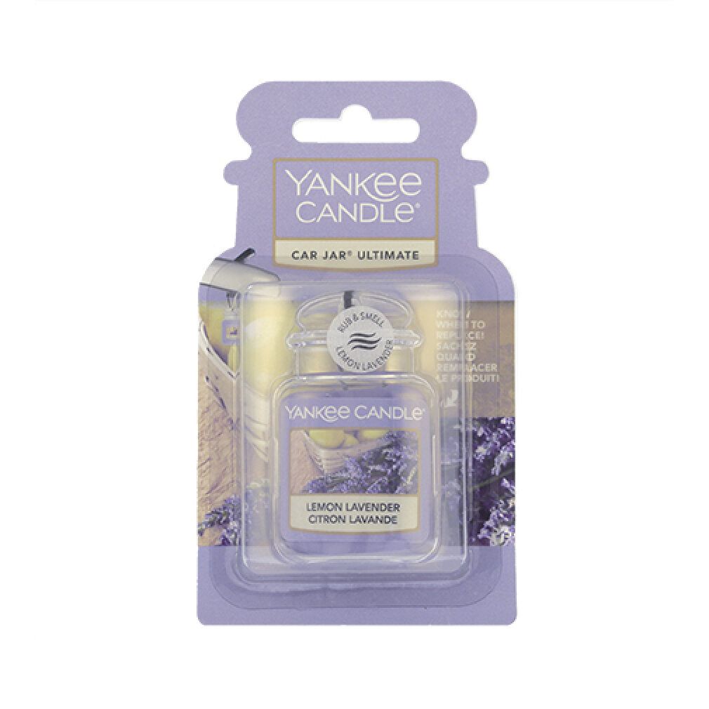 Yankee Candle Car Jar, Lemon Lavender Duft. Lila Glasbehälter in Verpackung. Text: "Citron Lavande".