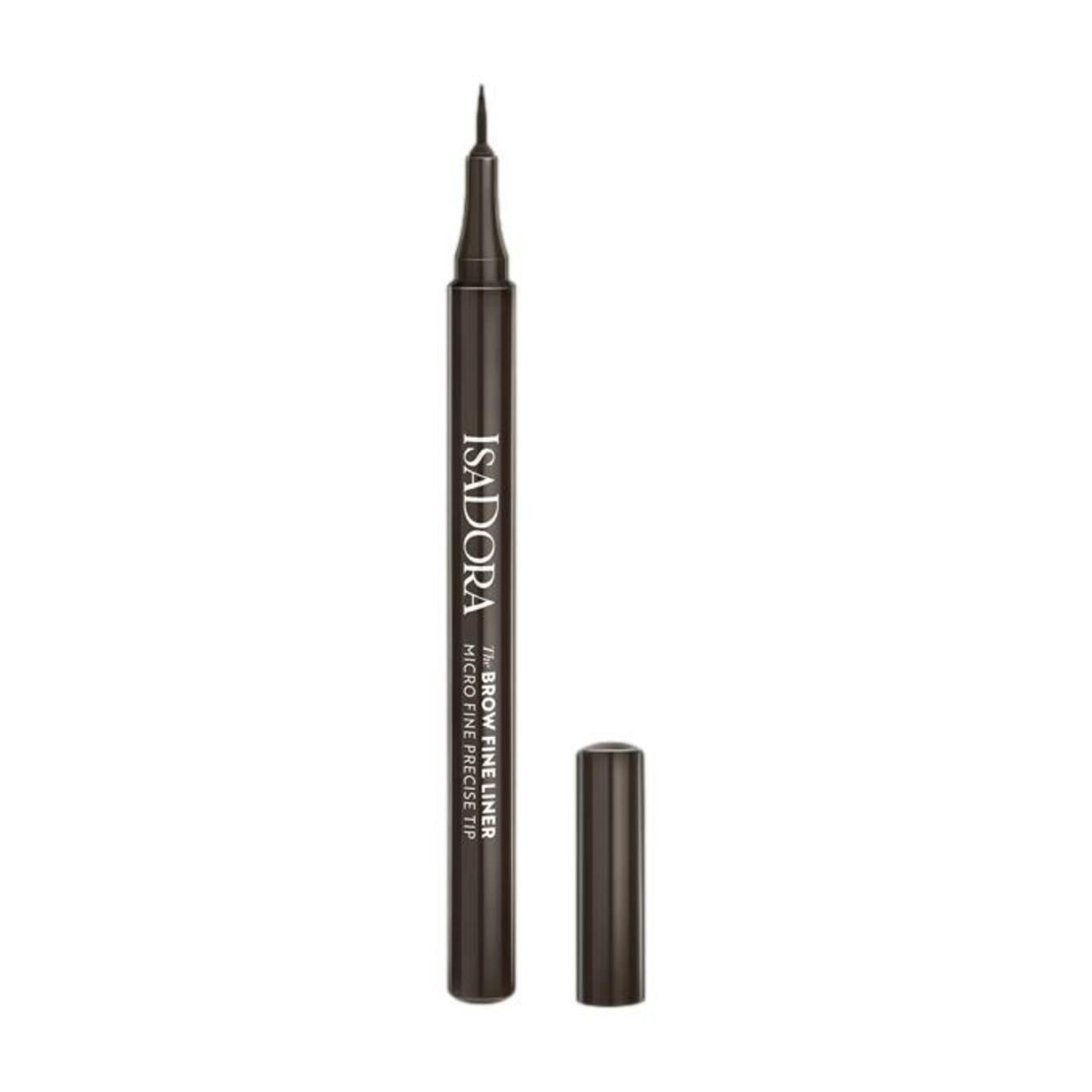 Brauner IsaDora Brow Fine Liner mit geöffneter Kappe. Spitze sichtbar. Schwarze Schrift.