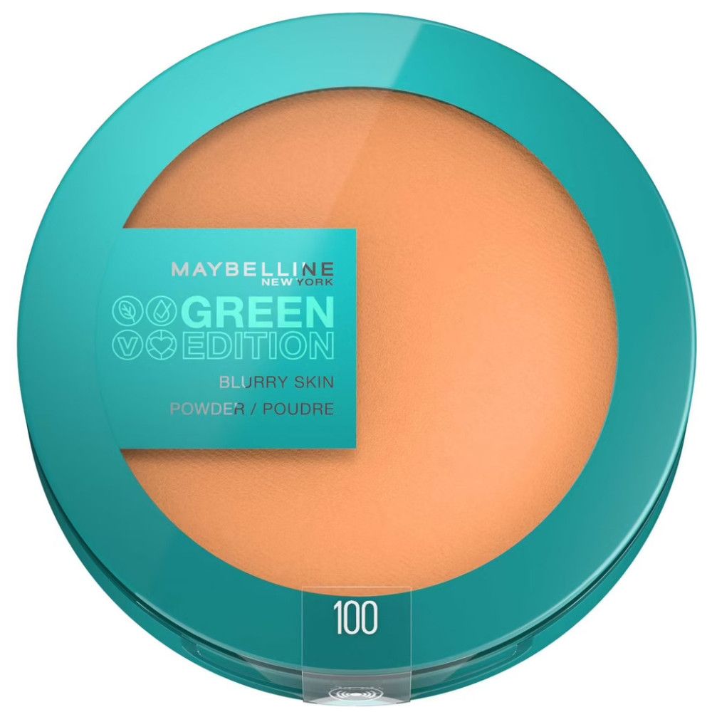 Runder Behälter mit grünem Deckel und orangefarbenem Puder. Aufschrift: Maybelline New York, Green Edition, Blurry Skin, 100.