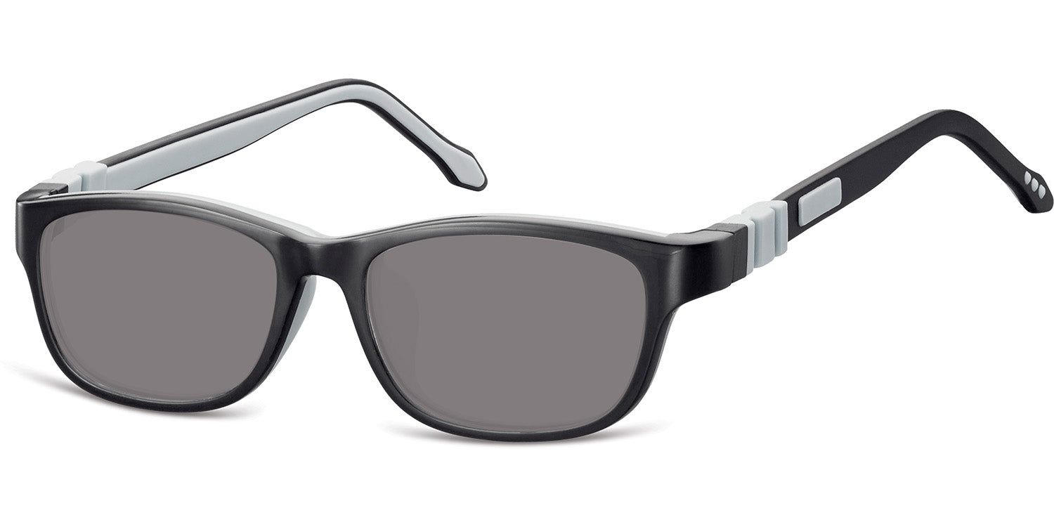 Sonnenbrille mit schwarzem Rahmen und grauen Gläsern. Bügel mit grauem Akzent. Seitliche Ansicht.