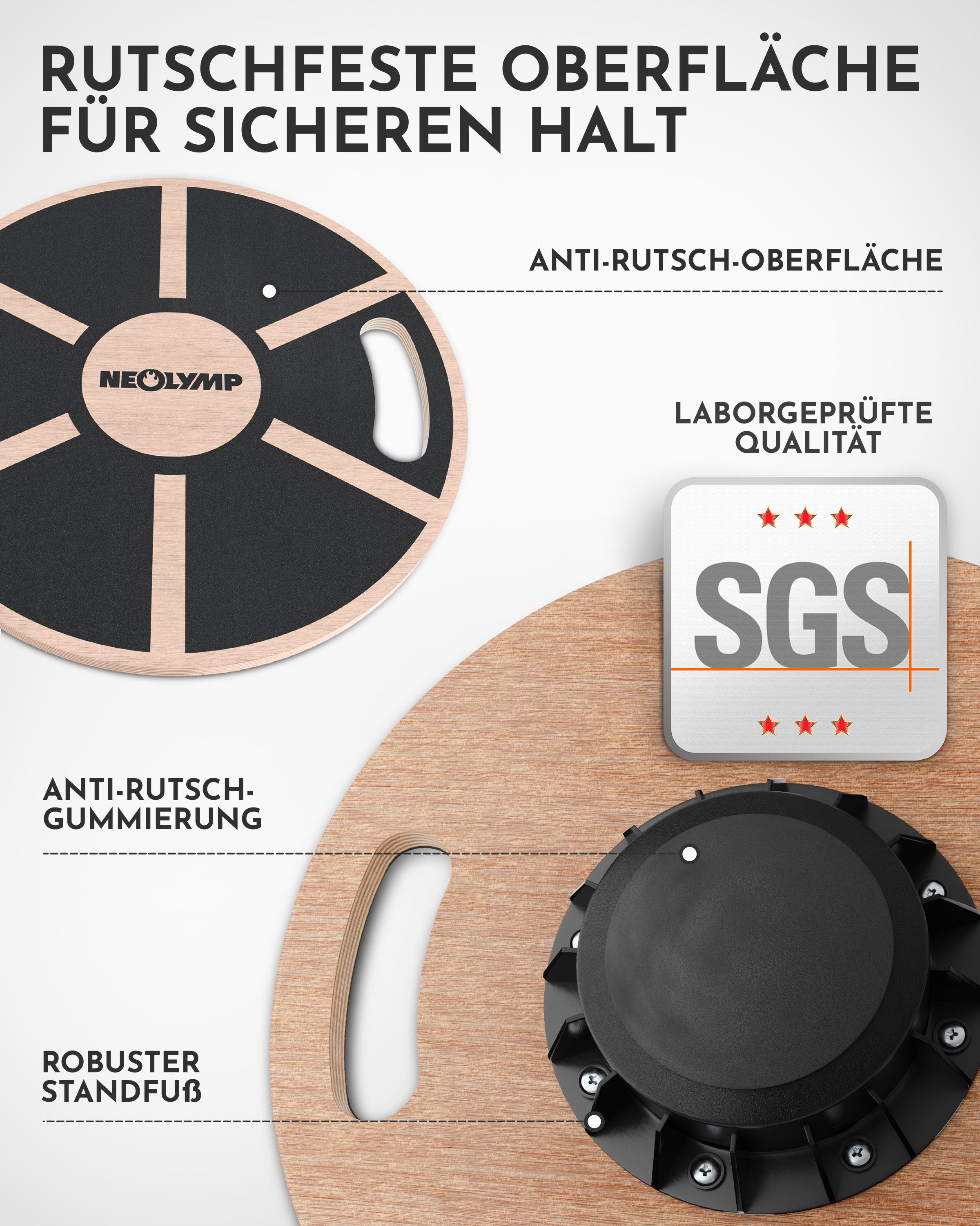 Balance Pad mit Griffen, Detailansicht. Rutschfeste Oberfläche, SGS-Zertifizierung. Robuster Standfuß.
