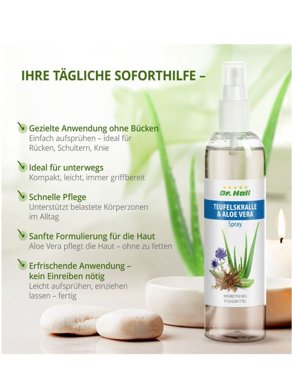 Sprühflasche mit Produktetikett, neben Text und Dekoration. Produktname und Logo deutlich sichtbar. Auf hellem Hintergrund.