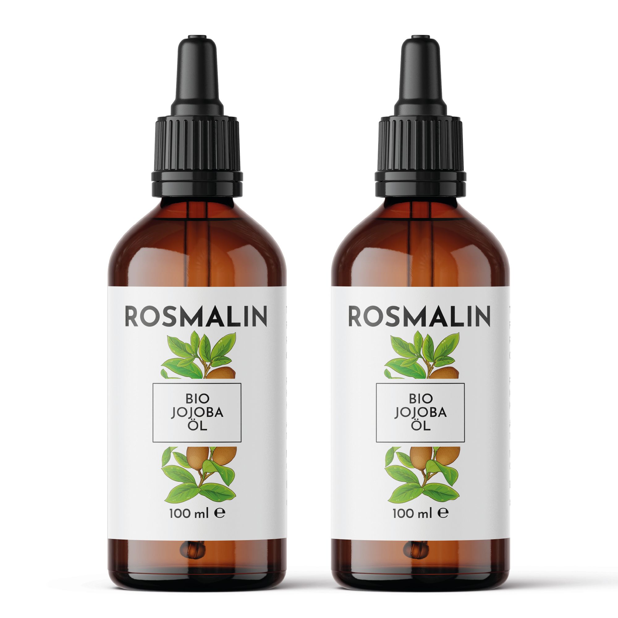 Zwei braune Glasflaschen mit schwarzen Tropfern. Auf den Etiketten steht "Rosmalin BIO Jojoba Öl".
