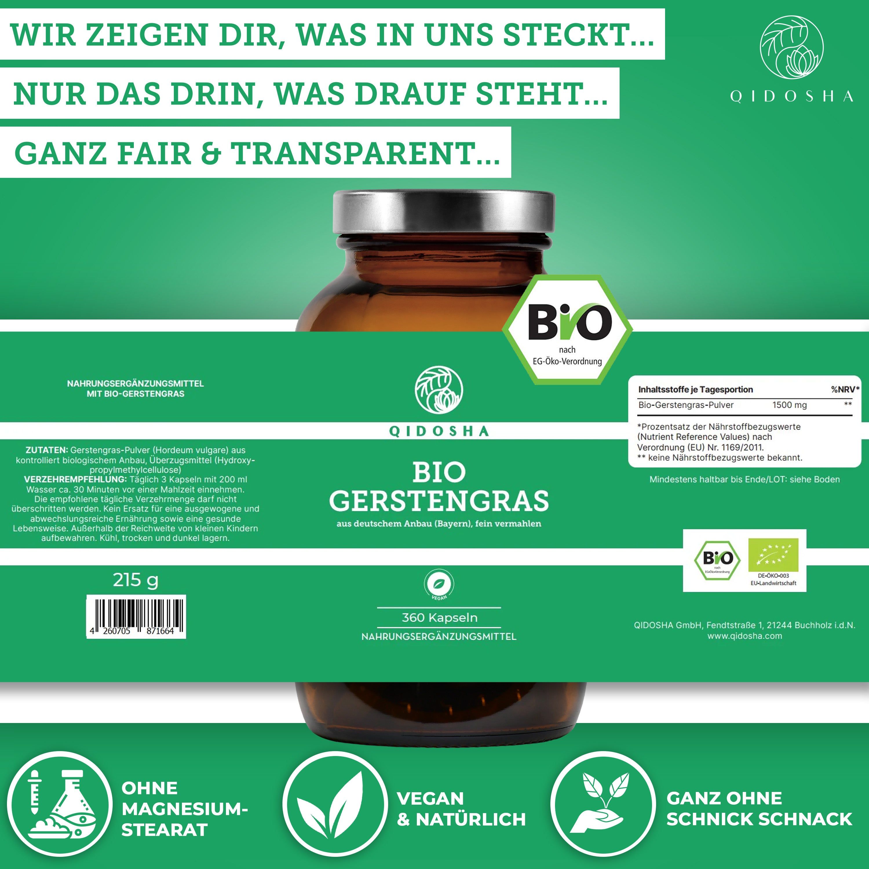 Braune Glasflasche mit grünem Etikett. Aufschrift: QIDOSHA Bio Gerstengras. Bio-Siegel. 360 Kapseln. Vegan & natürlich. Ohne Magnesiumstearat. Nährwertangaben.