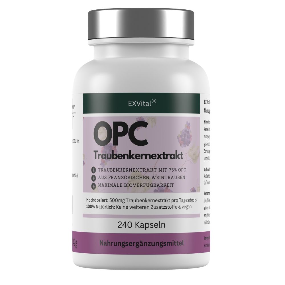 Weiße Flasche mit EXVital OPC Traubenkernextrakt Kapseln. 240 Kapseln. 500mg pro Tag. Nahrungsergänzungsmittel.