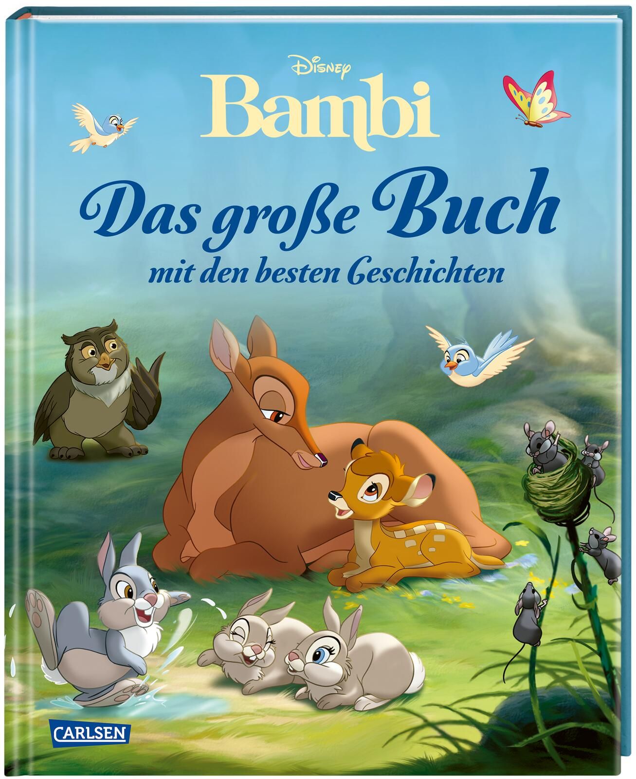 Buch mit Bambi-Illustrationen. Titel: Bambi - Das große Buch mit den besten Geschichten. Figuren: Bambi, Eule, Hase, Vögel. Verlag: Carlsen.