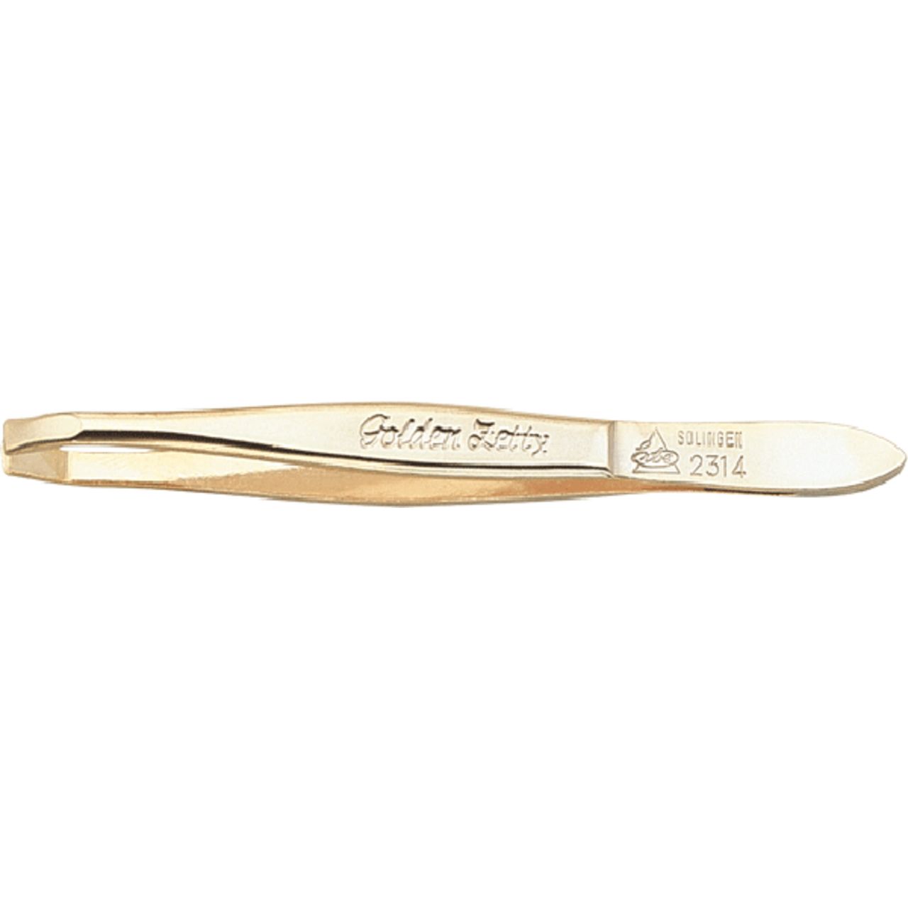 Goldfarbene Pinzette mit Aufschrift 'Golden Zetty' und Logo.