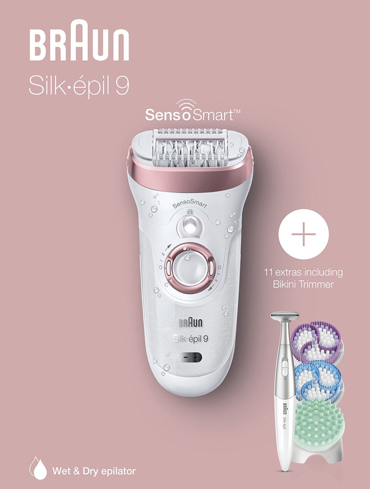 Epilierer, Trimmer und Reinigungsbürsten. Rosa Hintergrund. Braun Silk-épil 9. SensoSmart-Technologie.