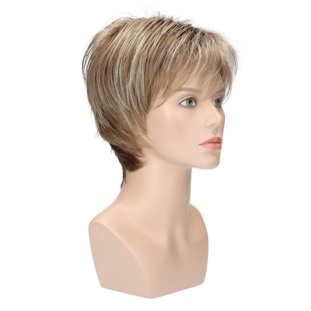 Perücke Maxi von trendhair in Mittel-/Hellblond, dunkler Ansatz, auf einem Schaufensterkopf. Seitenansicht.