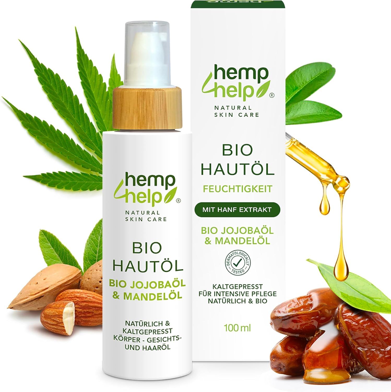 Hautöl-Flasche mit Sprühkopf und Verpackung. Hanfblatt, Mandeln, Datteln und Öltröpfchen. Aufschrift: Bio Hautöl, mit Hanf Extrakt.