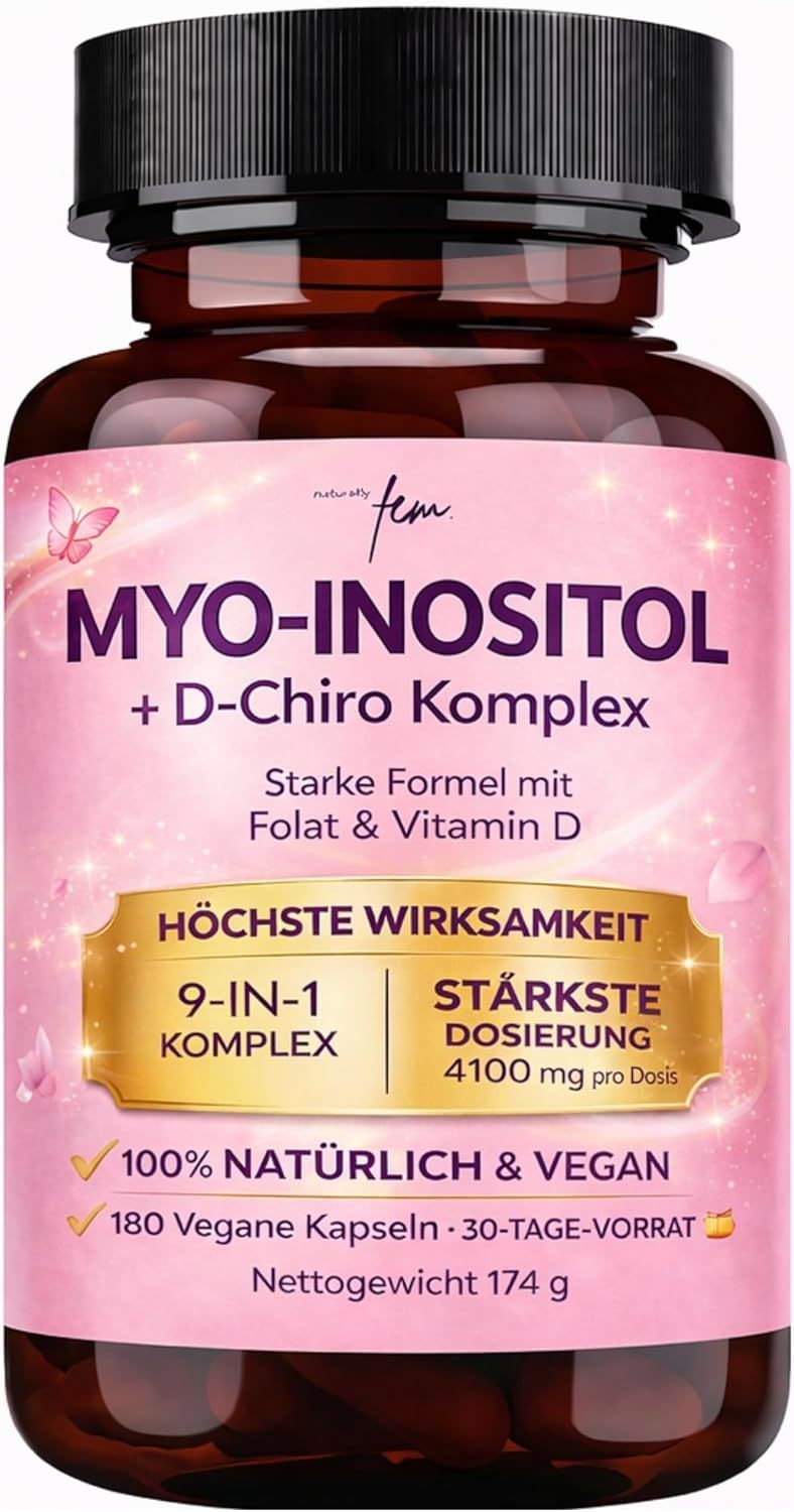 Braune Kapsel mit rosa Etikett, das 'Myo-Inositol + D-Chiro Komplex' zeigt.