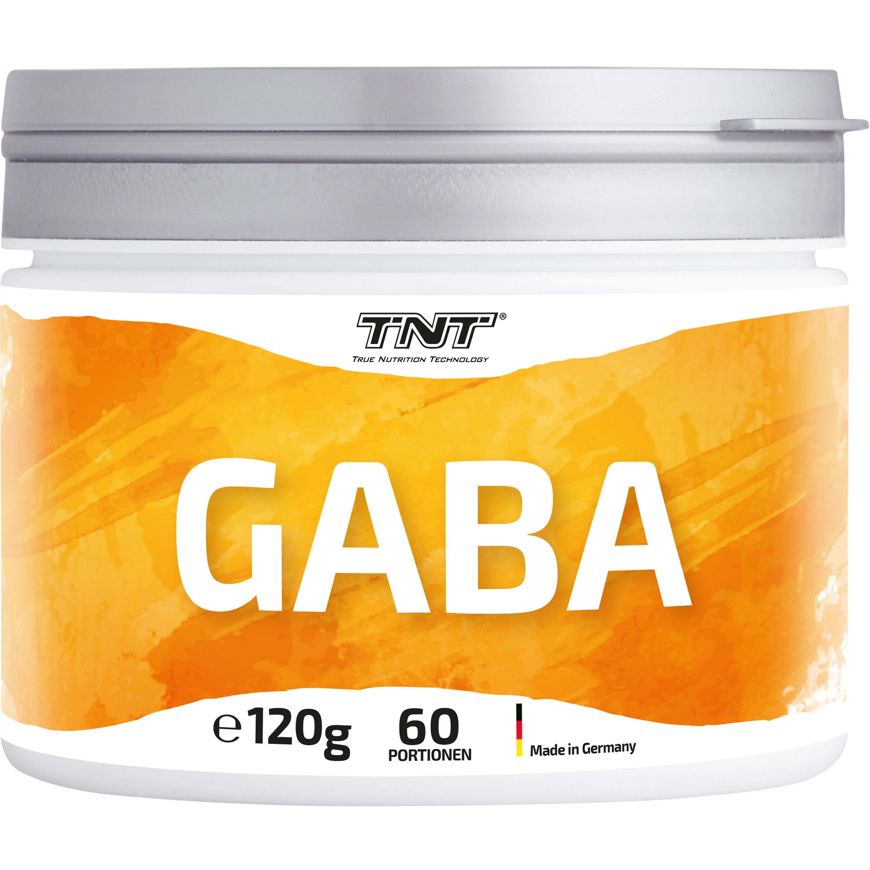 Weißes Supplement-Behälter mit silbernem Deckel. Aufschrift GABA, TNT-Logo, 120g, 60 Portionen, Made in Germany.