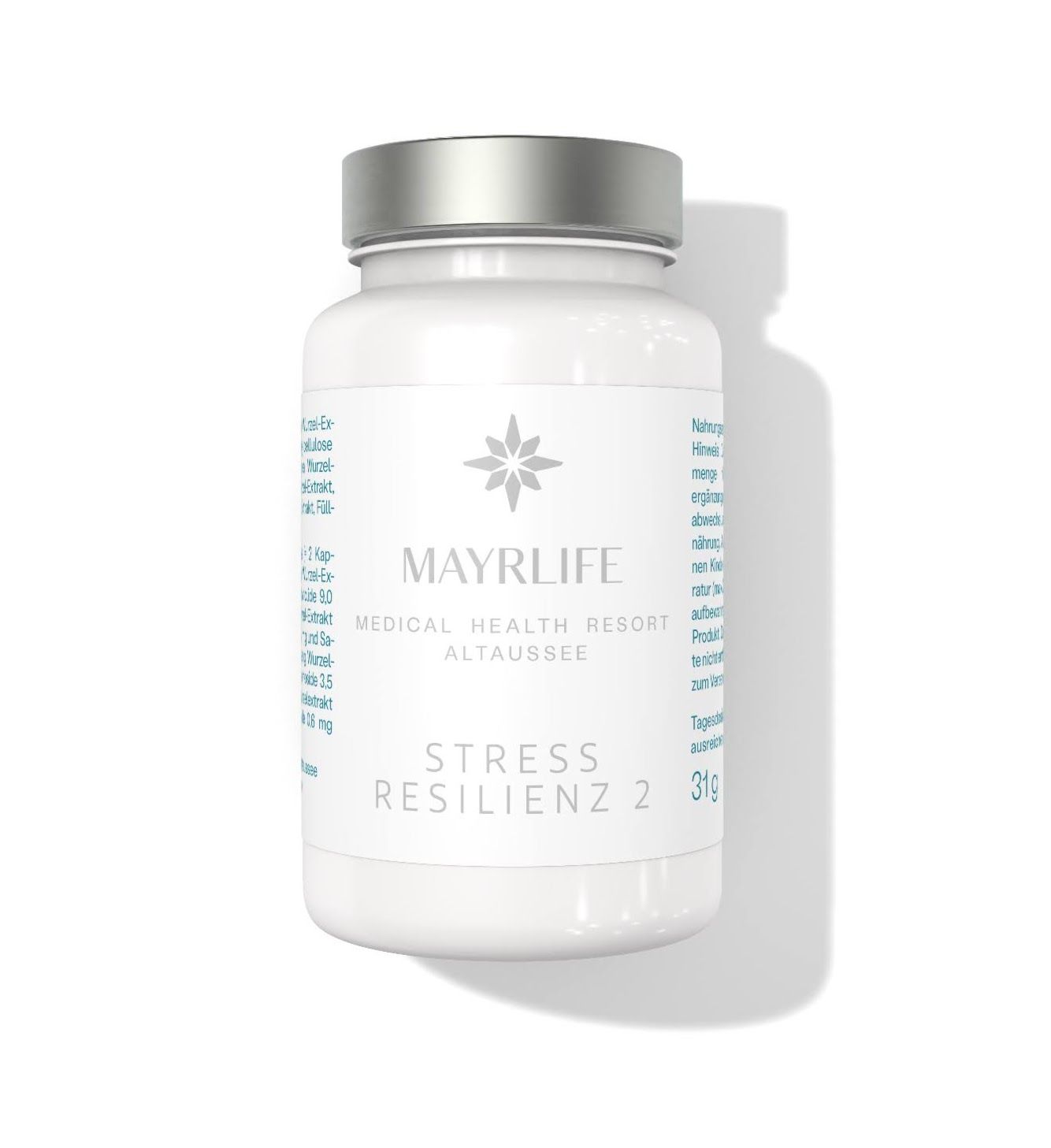 Weiße Flasche mit silbernem Deckel. Aufschrift: MAYRLIFE, Stress Resilienz 2. 31g. Medizinische Gesundheitsresort Altaussee.