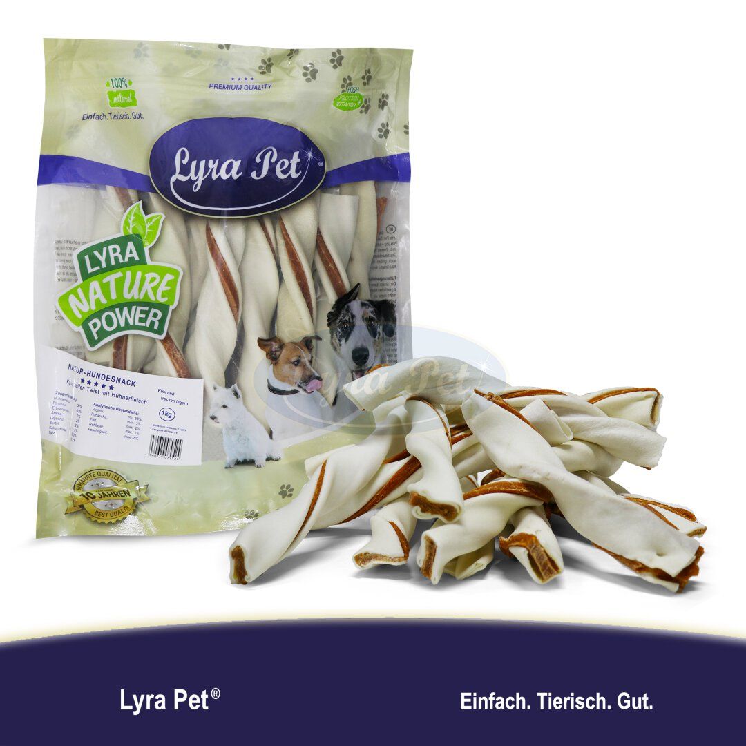 Verpackung mit Lyra Pet Kaustreifen Twist mit Hühnerfleisch und Produkt daneben. Text: Lyra Nature Power, Einfach. Tierisch. Gut.