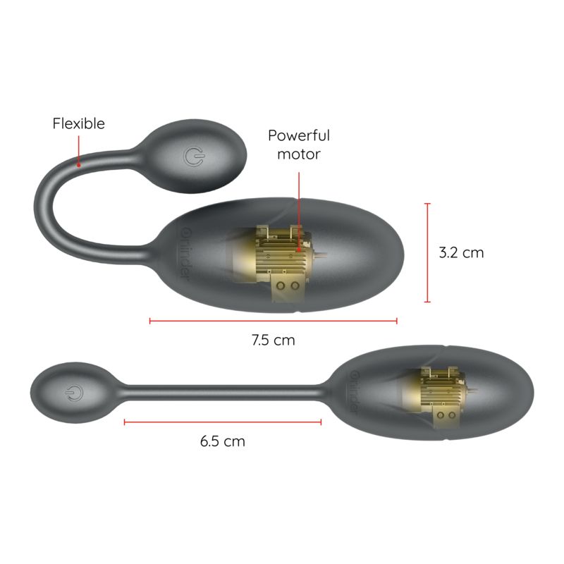 Graues Wellness-Produkt, Ei-Form, flexible Verbindung, Maße: 7,5 cm und 3,2 cm. Transparente Darstellung des Motors.