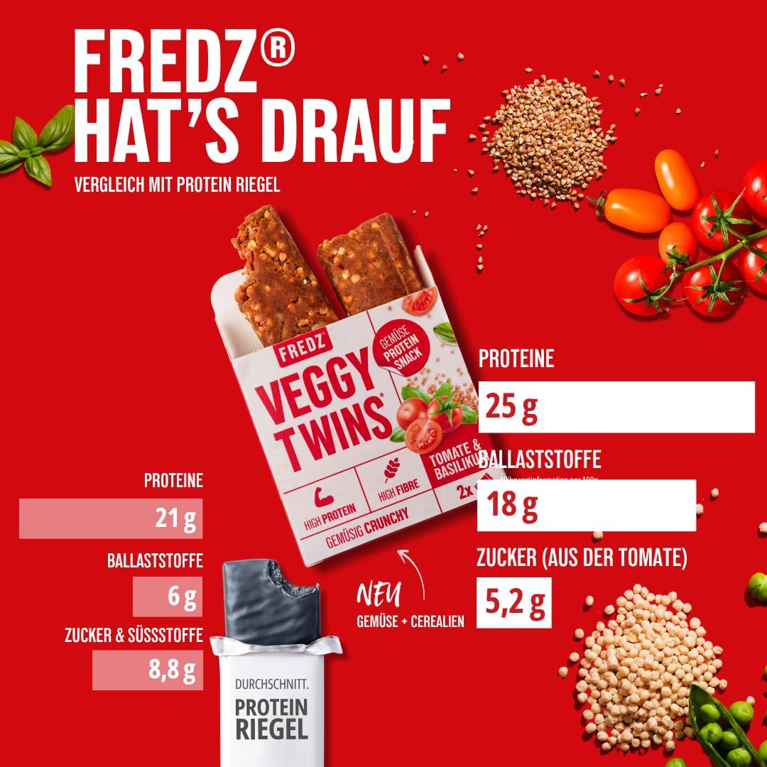Vergleich von FREDZ VeggyTwins® - Gemüsiger Proteinsnack mit Proteinriegel. Nährwertangaben. Aufschrift: 25g Protein, 18g Ballaststoffe, 5,2g Zucker.
