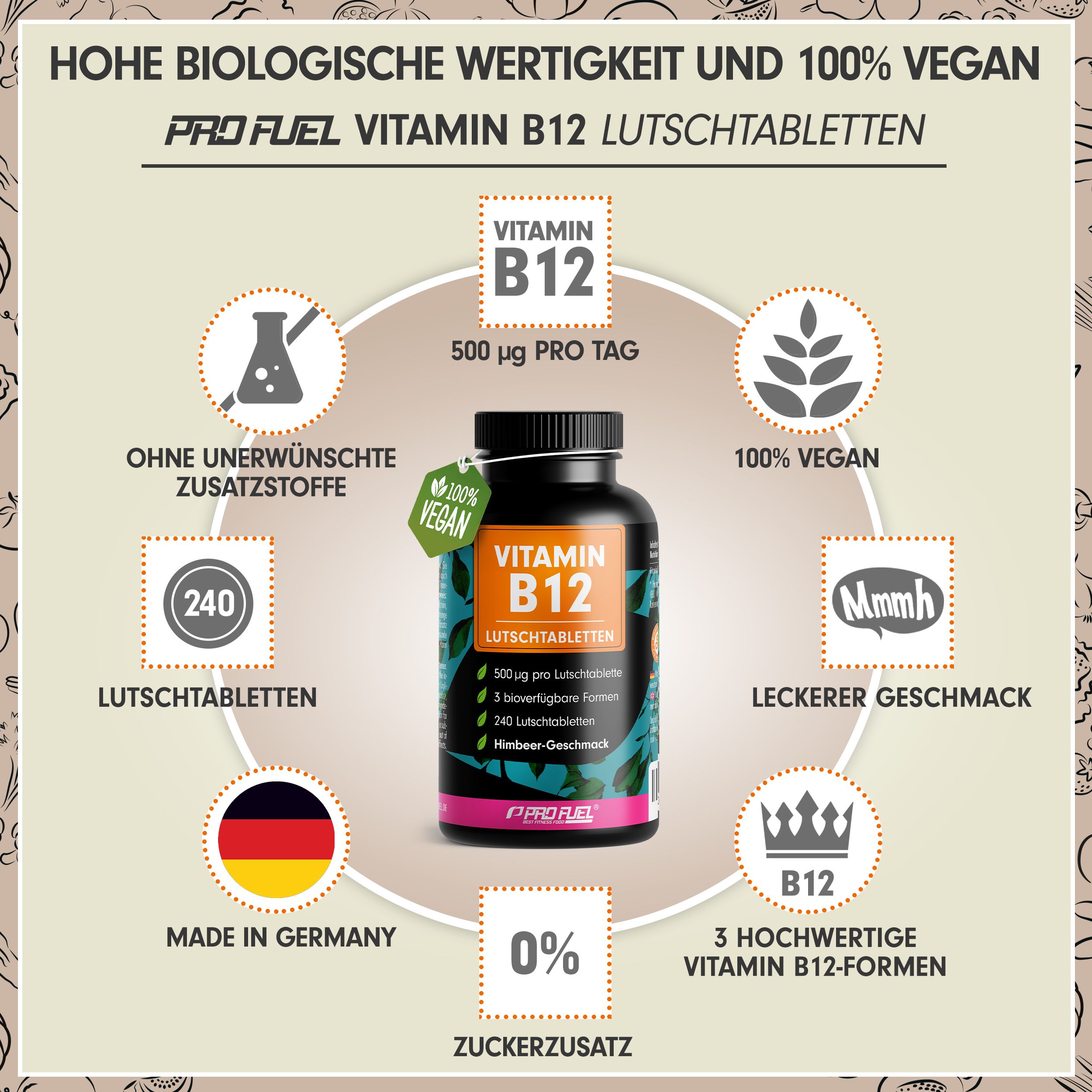 Schwarze Flasche mit Vitamin B12 Lutschtabletten. Aufschrift: 500 µg pro Tag, 100% Vegan, 240 Tabletten, Made in Germany.