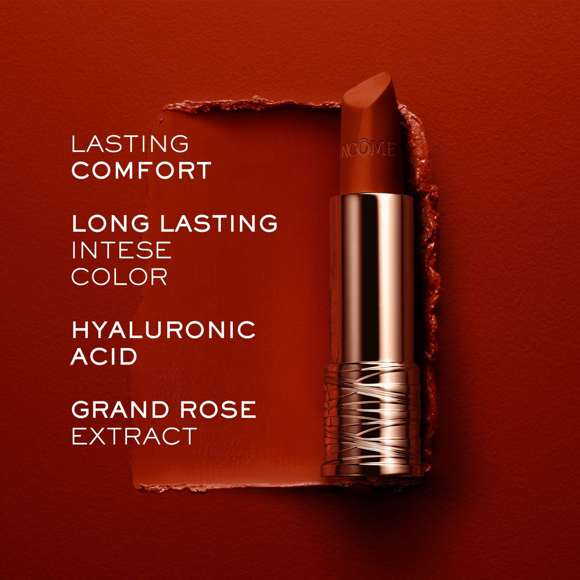 Roter Lippenstift und Text. Text: Langanhaltender Komfort, lang anhaltende intensive Farbe, Hyaluronsäure, Grand Rose Extrakt.