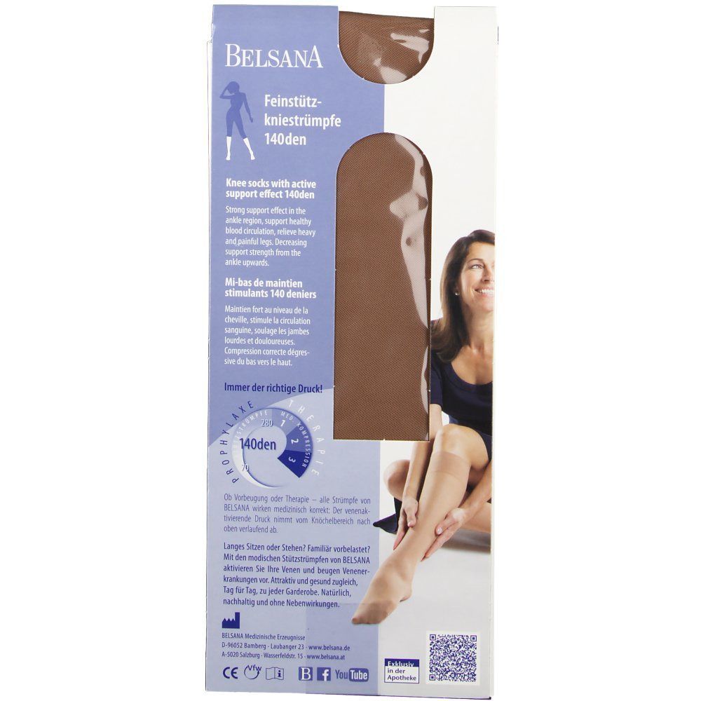 Belsana Feinstütz-Kniestrümpfe 140 den in Bronze. Verpackung mit Produktabbildung und Frau. Text: Knee socks with active support effect.
