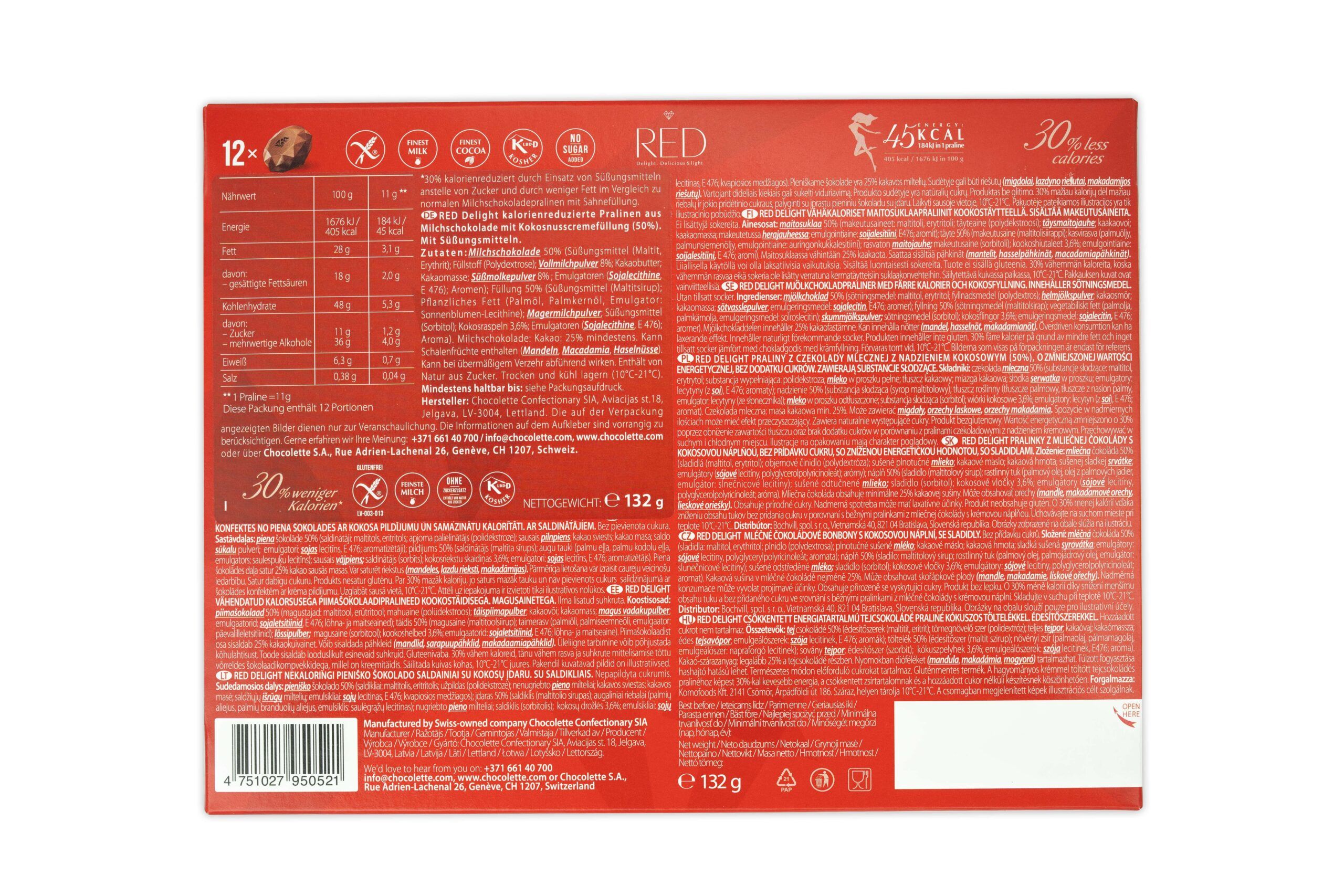 Rückseite der roten Schachtel. Text in mehreren Sprachen. Nährwertangaben. Logos. Barcode. Gewicht: 132g.