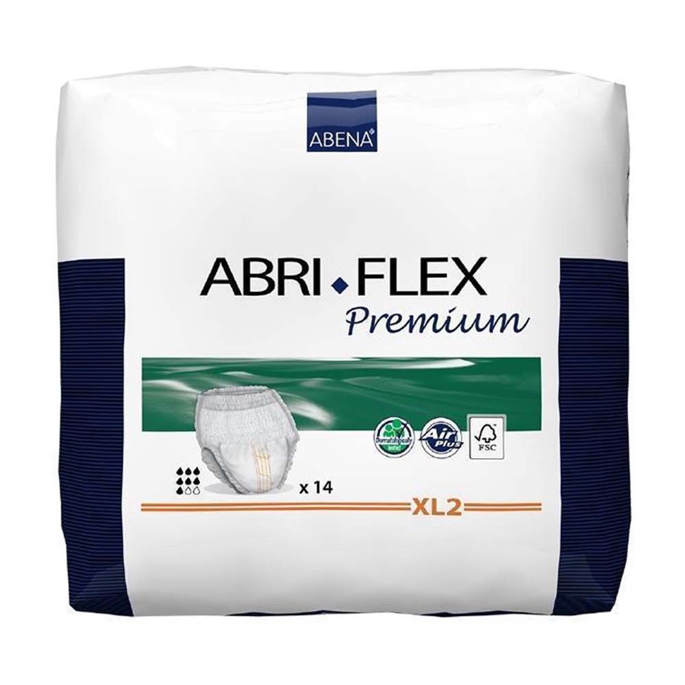Verpackung mit Inkontinenzprodukten. Aufschrift: Abena Abri-Flex Premium, XL2. Mit Air Plus und FSC-Siegel.