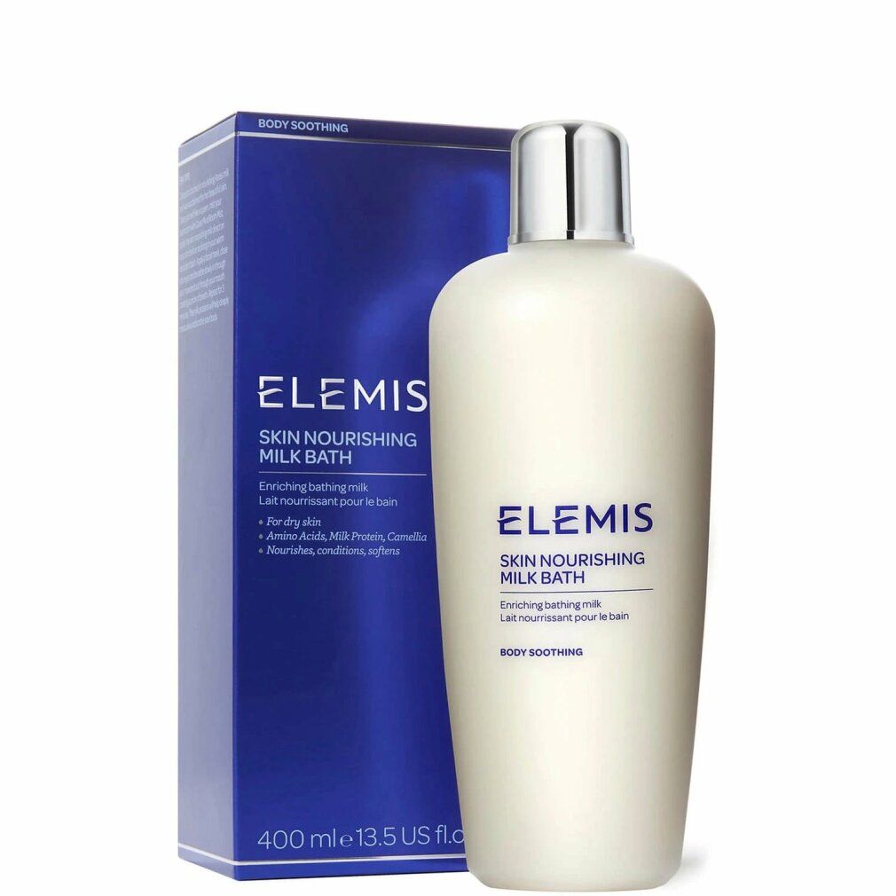 Produktflasche neben blauer Verpackung. Aufschrift: Elemis Skin Nourishing Milk Bath. Text und Inhaltsstoffe.